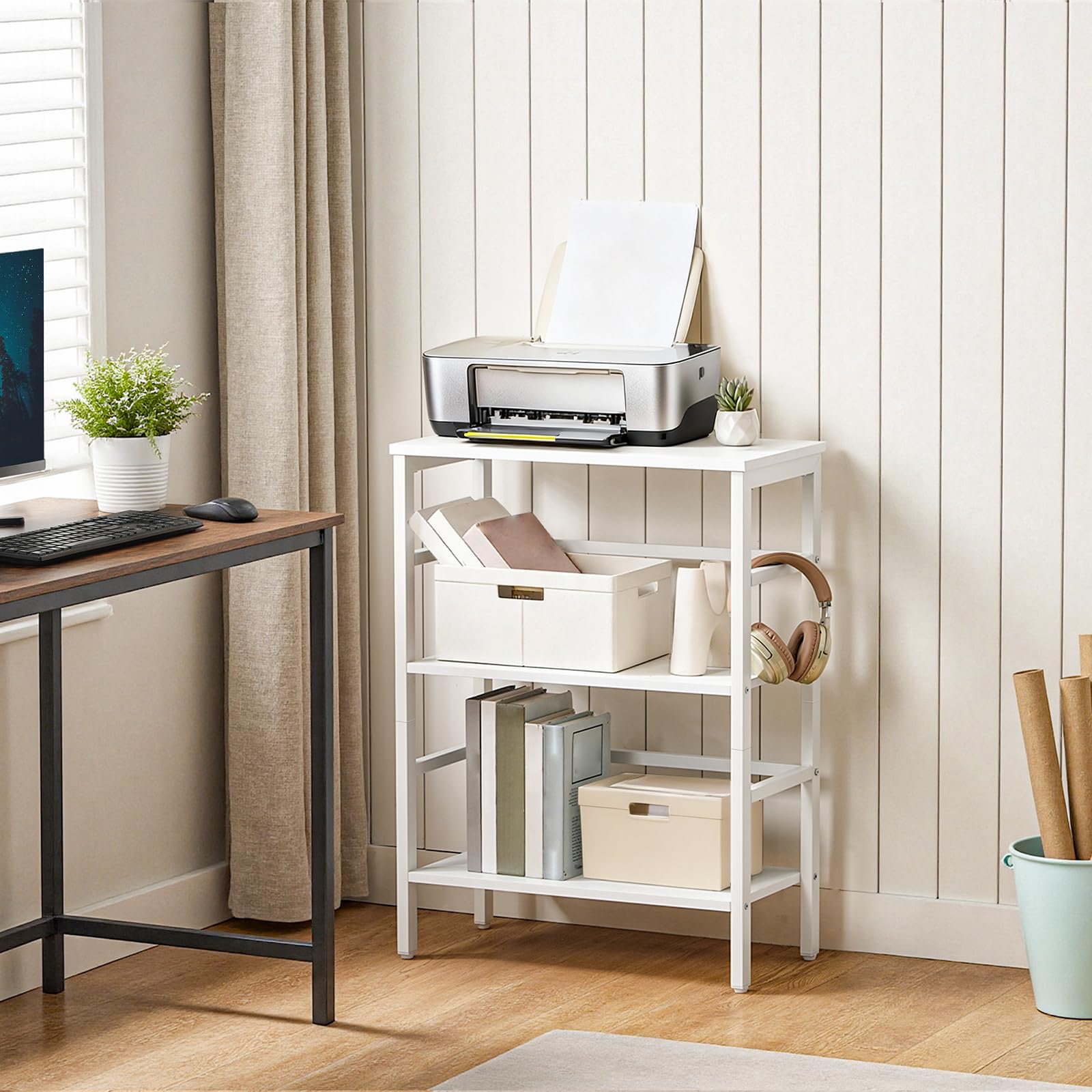 HOOBRO Estantería de Escalera, Estantería para Discos, Librería de 3 Estantes, Estantería para Plantas, Estructura Metálica, Sala de Estar, Dormitorio, Blanco EWT86CJ01G1