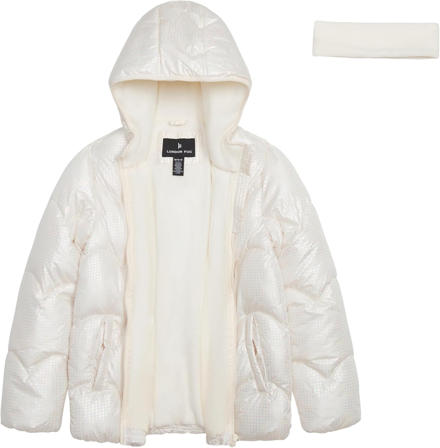 LONDON FOG Girls' Heavyweight Shimmer Puffer Jacket With Hood and Fleece Headband