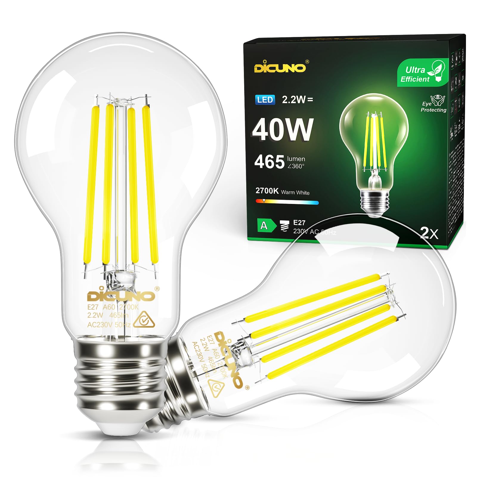 DiCUNO Edison LED Lampe E27, Classic ultraeffiziente Birne, A Label, 2.2W, Ersatz für 40W Glühbirne, Warmweiß 2700K, 465lm, 360°, klar, Energieeffizienzklasse A, A60 LED Leuchtmittel, 2er Pack