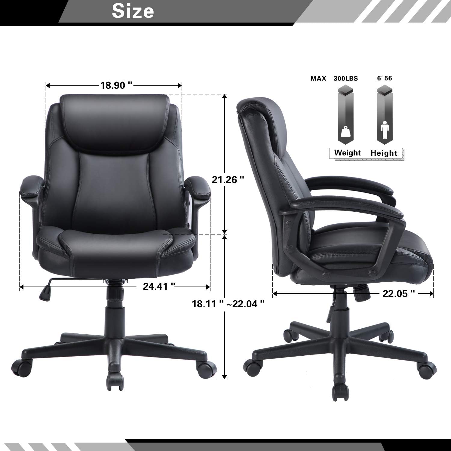 Qulomvs Computer Office Chair Spring Cushion Mid Back Executive Desk Chair with Arms PU Leather 360 Swivel Task Chair with Wheels Lumbar Support (Black)