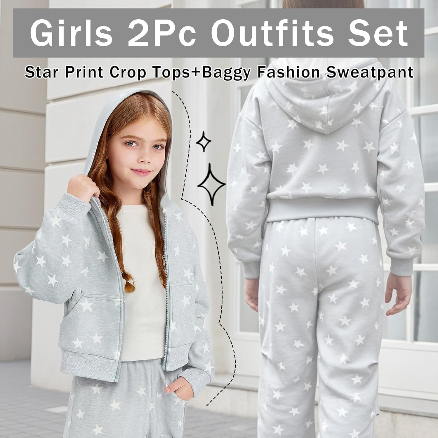 pMMq 5-14 Girls 2 Piece Outfits Star Hoodies Sweatsuit Sets Oversized Sweatshirt and Baggy Fashion Sweatpant with Pockets - Image 2
