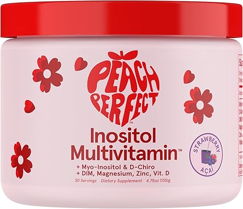 Peach Perfect Multivitamínico de inositol en polvo, sabor a fresa y acai  0.14 oz de mio y D-Chiro inositol, DIM, zinc, glicinato de magnesio,