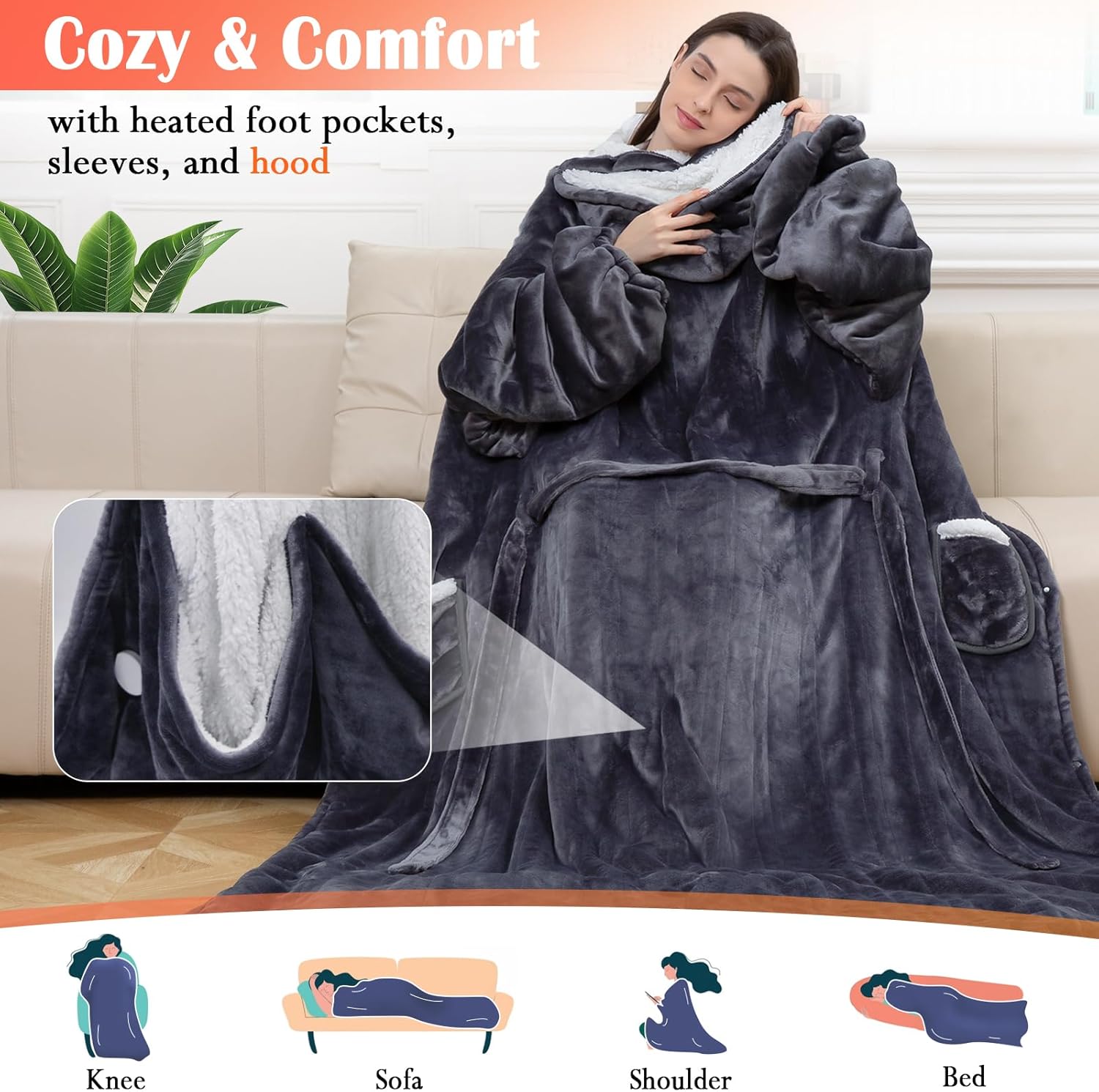 Wearable Heated Blanket with Heated Foot Pocket, Electric Wearable Throw Blanket with Sleeves, Hood, Foldable Foot Pocket, Heated Blanket Throw with 8 Heat Levels, 1-10H Auto Off Settings, 50*70" - Image 2