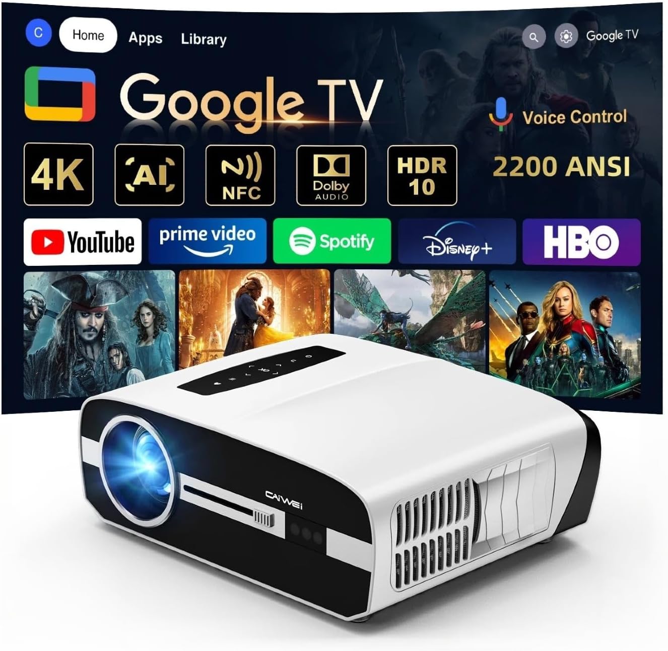 4K Daylight Projector Google TV 2200 ANSI Lumens, HDR10 Smart Home Theater Projector with WiFi6 Bluetooth, TOF Autofocus, Dolby Audio,3-Brightness, HDMI eARC Outdoor Movie Projector