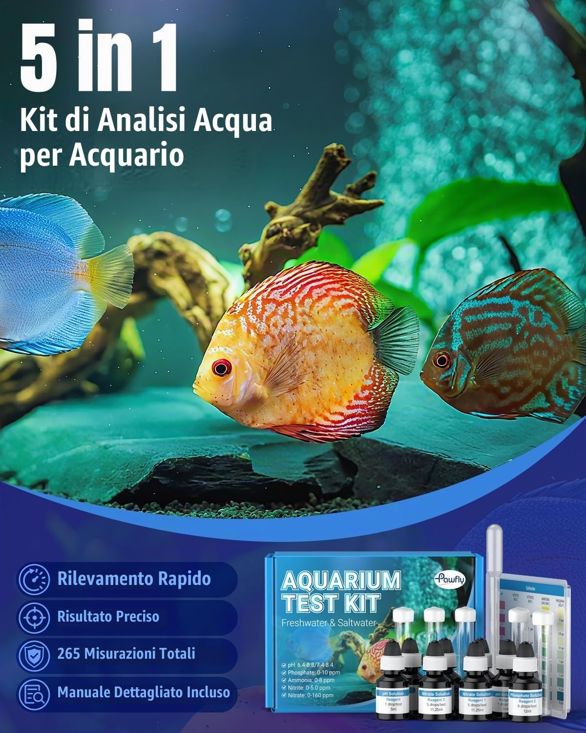 Pawfly Kit Test Acquario 5 in 1, Tester per PH Nitriti Nitrati Ammoniaca & Fosfati per Acqua Dolce e Salata, Set Analisi per Vasche Pesci