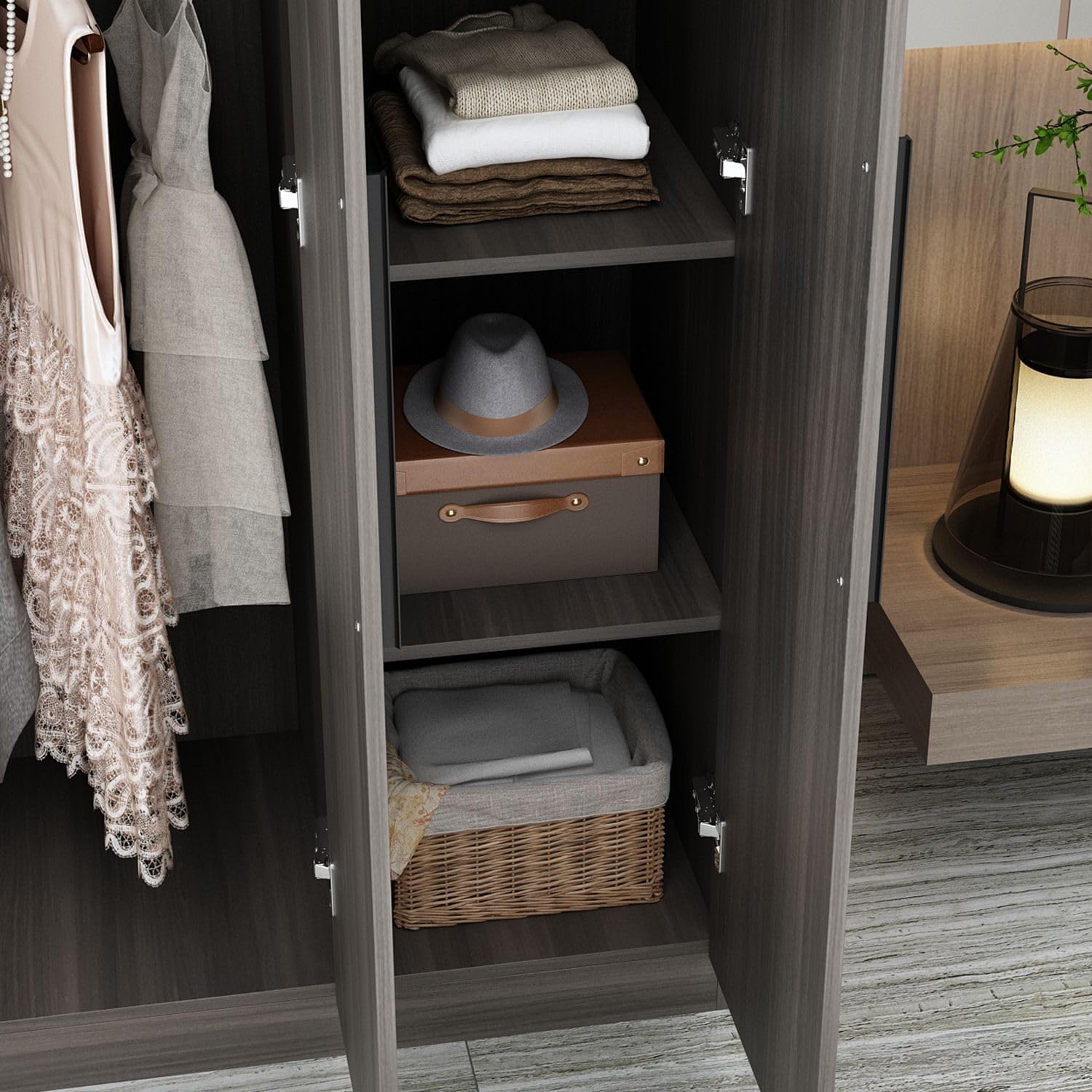 Interior of armoire showing shelves with stored items