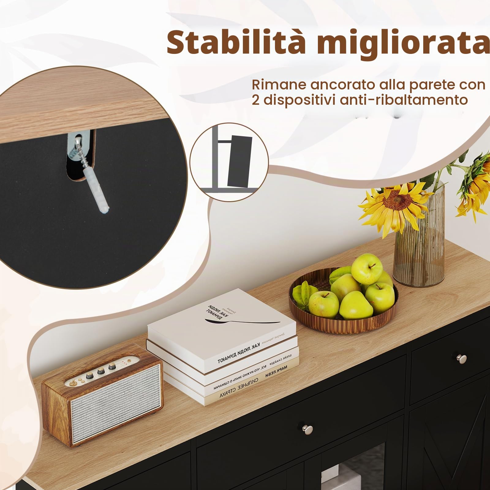 KOMFOTTEU Mobile Buffet Basso, Credenza Moderna da Cucina con 3 Cassetti, 3 Armadi con Ante, Mobiletto Multiuso con Ripiani Regolabili per Soggiorno, Sala da Pranzo, 140x40x90cm (In 2 Pacchi) (Nero)