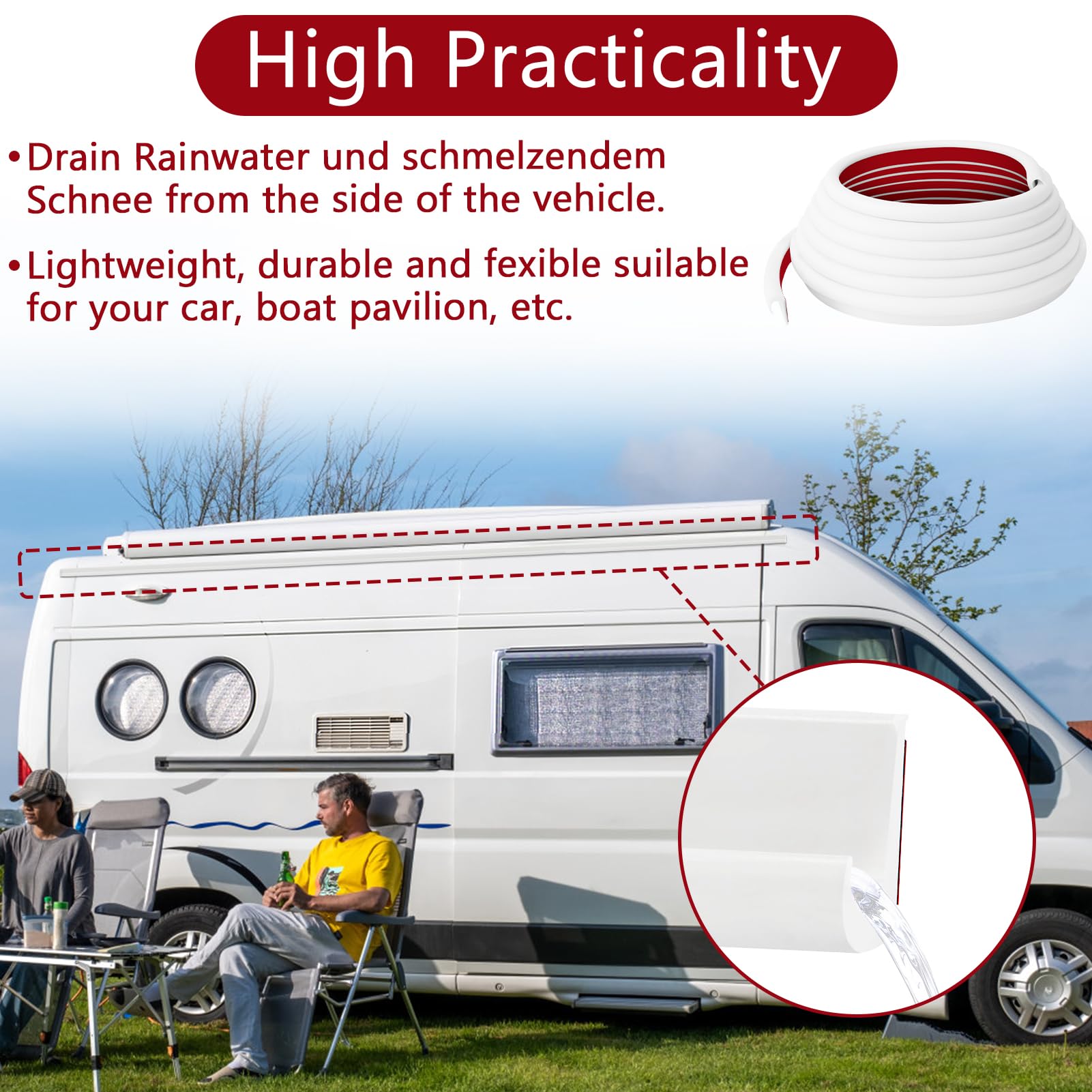 Gouttière Camping-Car 5 Mètres Forme J - Bande Caoutchouc Silicone Autocollante - Protection RV Voiture Bateau Porte