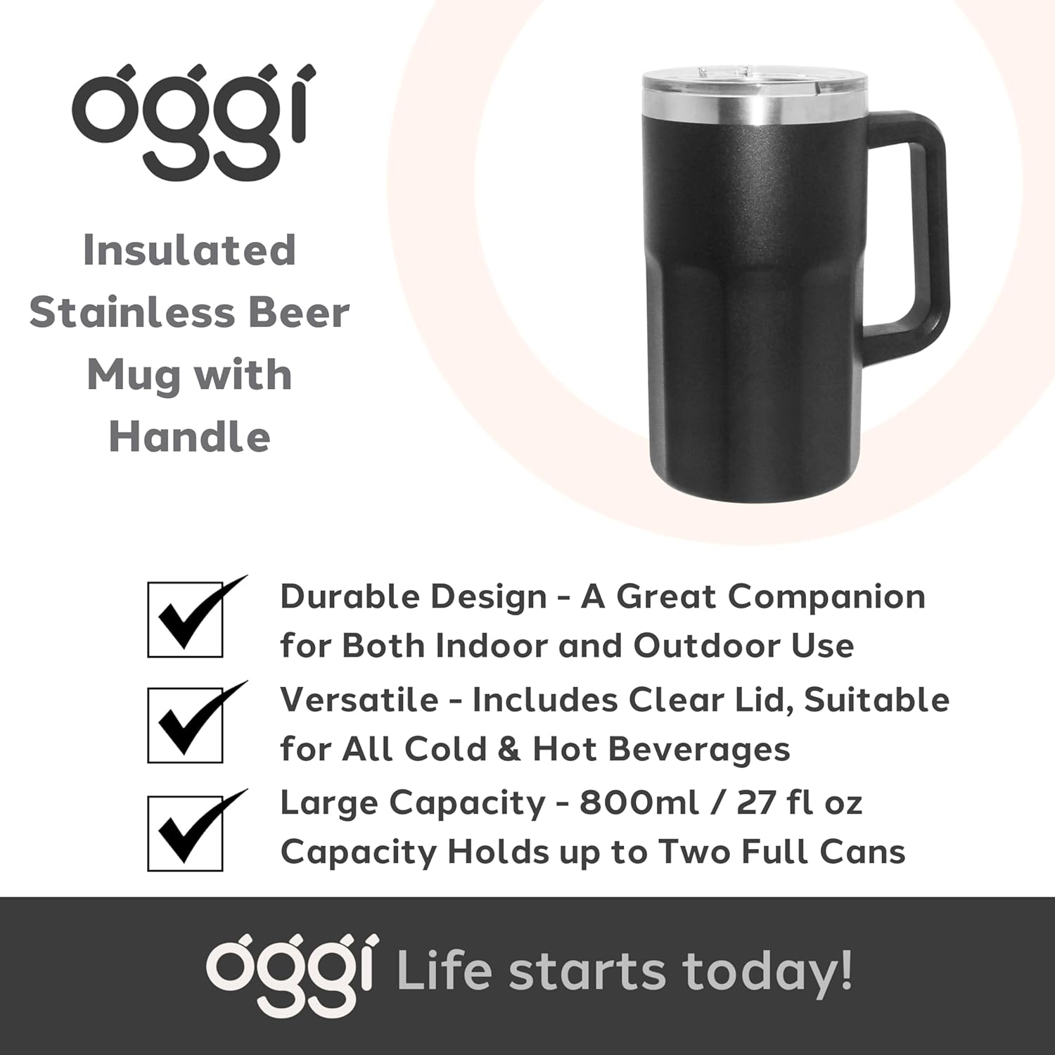 Oggi Insulated Beer Mug with Handle - Ideal Large Beer Stein, Insulated Beverage Glass, Beer Mugs, Beer Glasses, Mugs with Handles, Large Stein, Oktoberfest Mug - 27oz / 0.8lt - Image 7