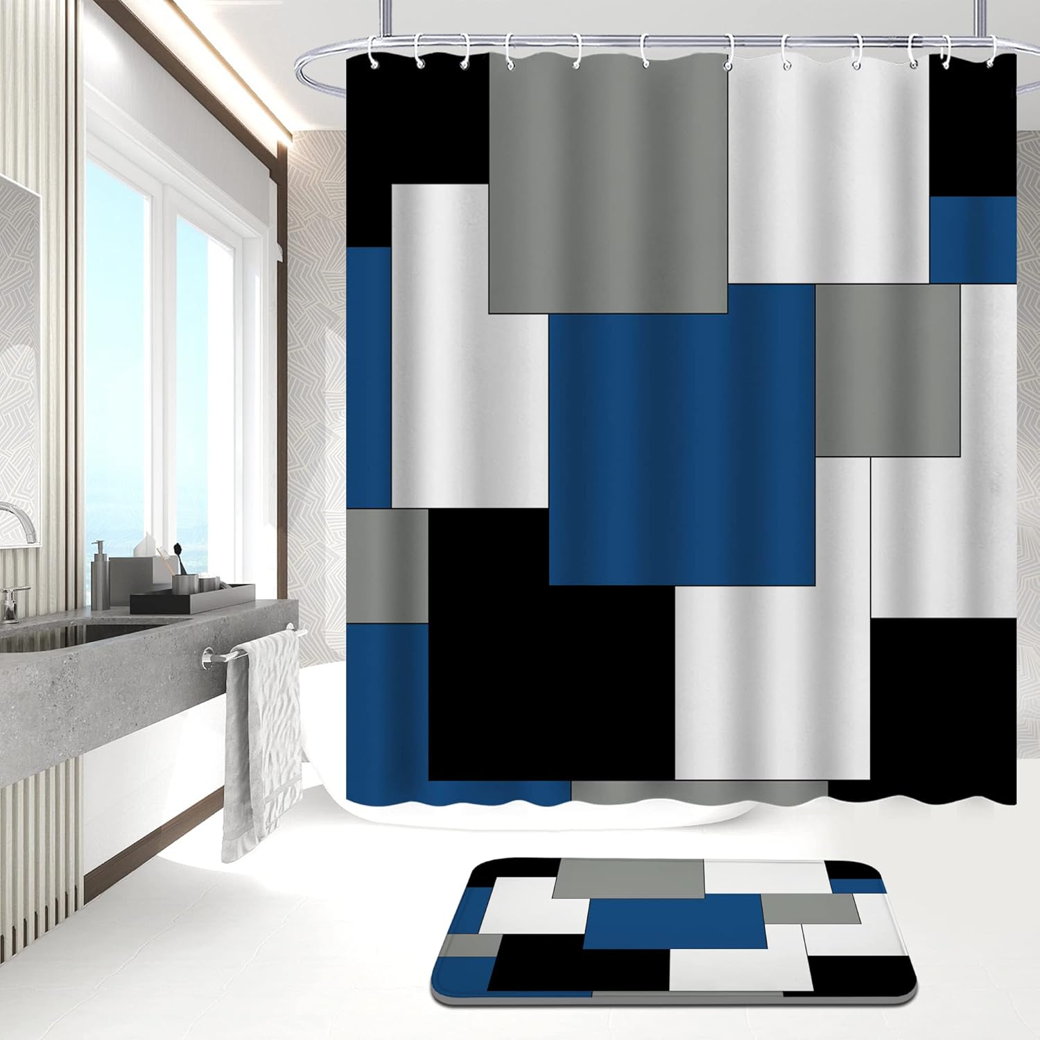 Blue Bathroom Sets with Shower Curtain and Rugs, 4 Piece Geometric Bathroom Shower Curtain Set with Rugs, Incl Shower Curtain with 12 Hooks, Bath Mat, U-Shaped Floor Mat, Toilet Lid Oval Rug