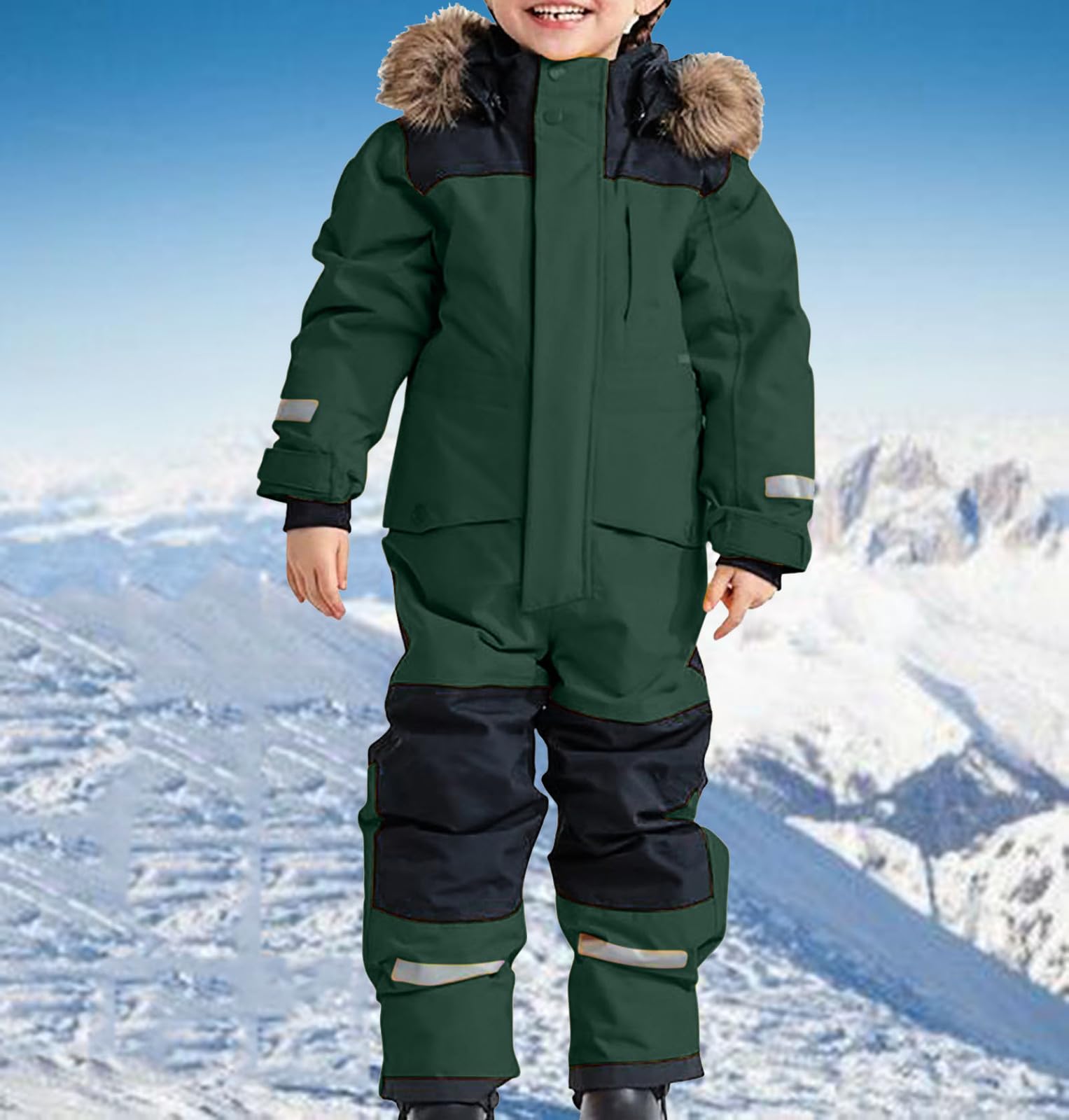 Schneeanzug Kinder Warmes Daunenjacke Set Wasserdichter Winter Skijacke Softshell Dickere Skihose Fellkragenkapuze Winddichter Skianzug Reflektierenden Skibekleidung für Kinder Skioverall
