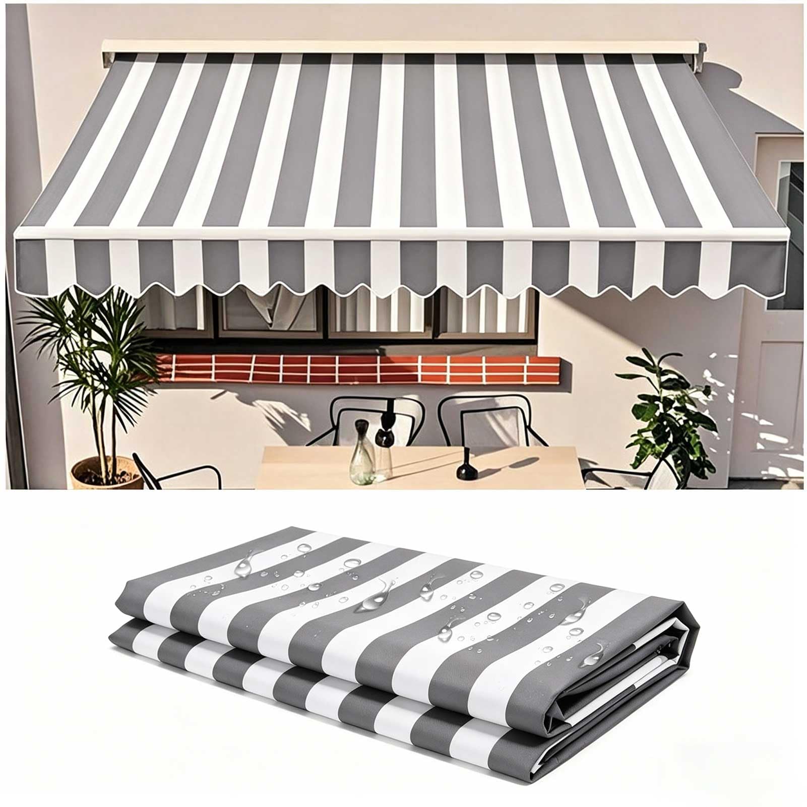 4.9x4m Retractable Awning Fabric Replacement, 2m/2.5m/3m/3.6m/4m/4.8m, Sun Shade Canopy for Patio, Waterproof Outdoor Awning Cover, Sunshade Shelter Canvas for Shop, Patio, Grey White Stripes