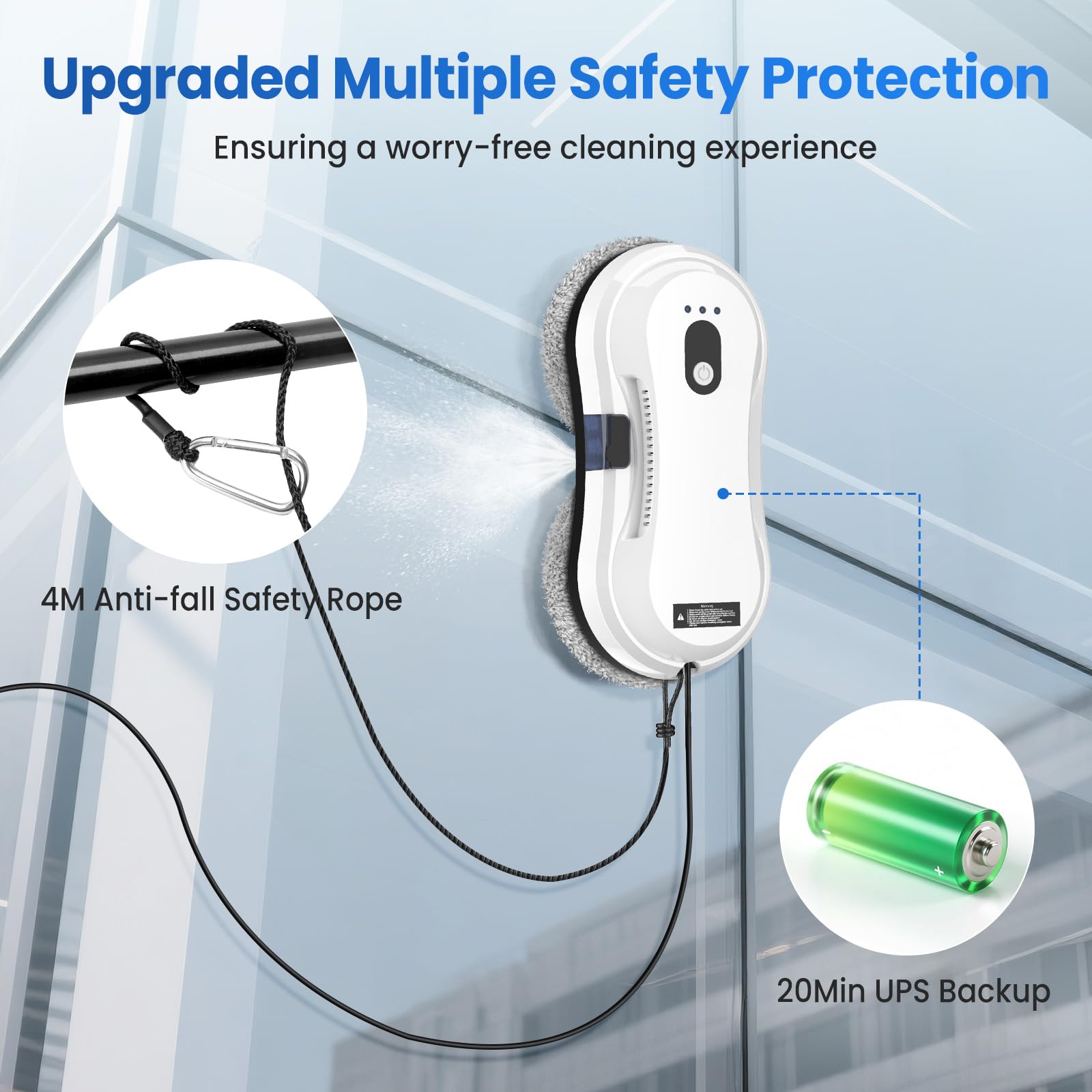 Robot Limpiacristales, 5600Pa Robot Limpiador de Ventanas con Pulverización Automática, 3 Modos de Limpieza, Sistema de Seguridad, Detección Inteligente de Bordes, Control Remoto e 10 Trapo