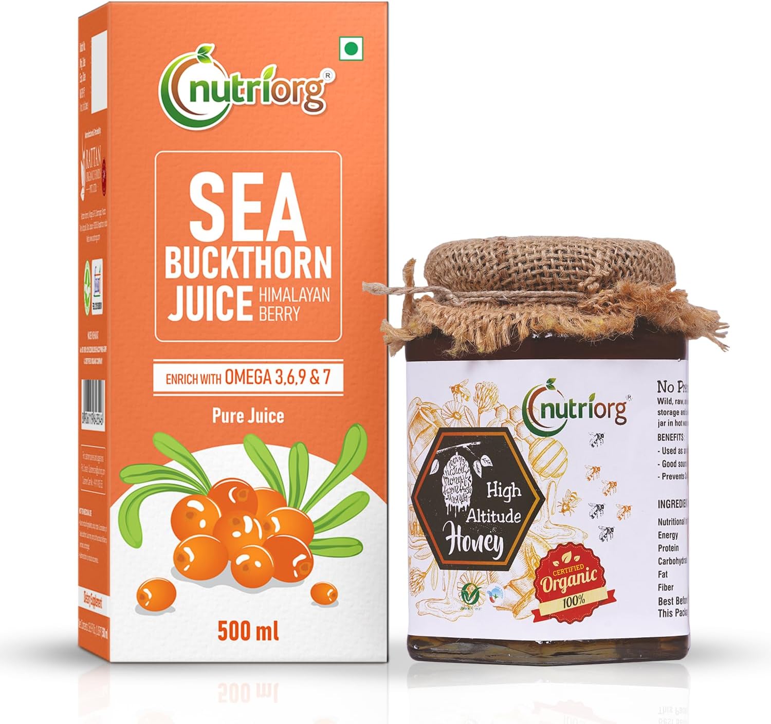 Nutriorg Seabuckthorn Juice 500Ml & Organic High Altitude Honey 500G | Energy Booster | Good for Skin