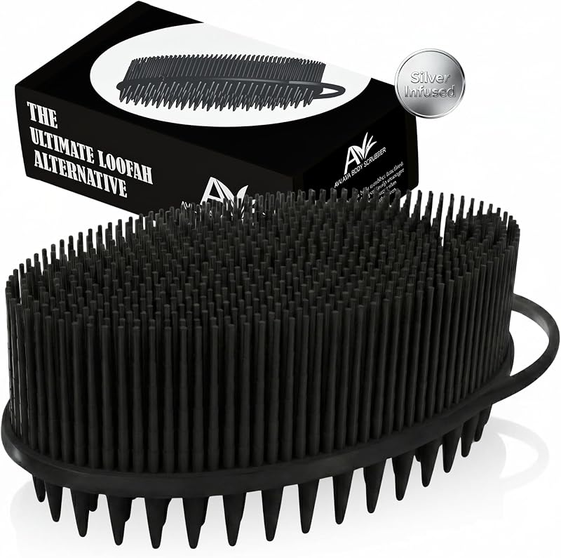 Escova corporal de silicone Avilana para banho, dupla face, preta e prata