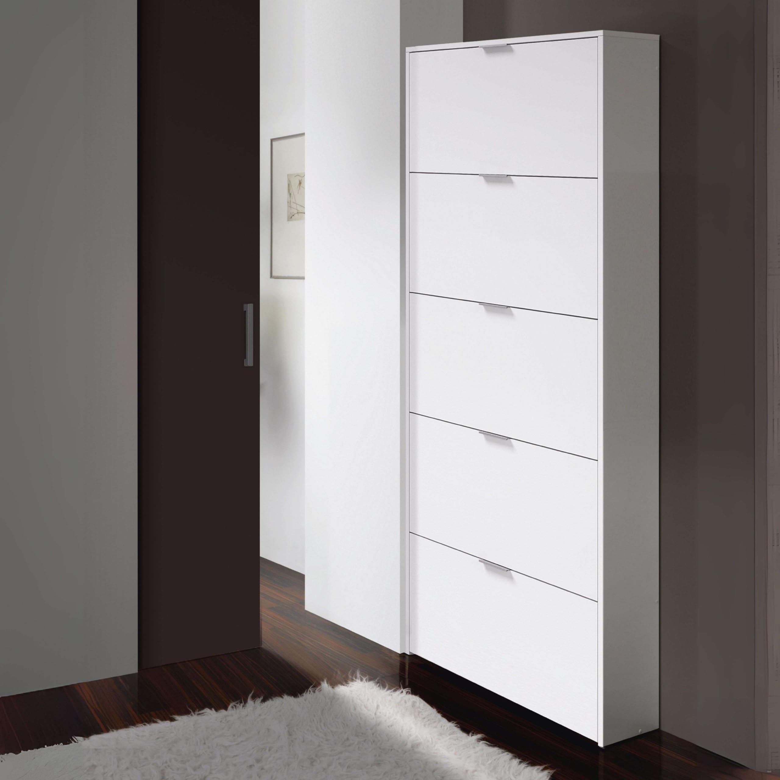 Habitdesign – Zapatero 5 Puertas, Color Blanco Brillo, Mueble Zapatero Alto 15 Pares, 180x70x17 cm – Modelo Shoe Cabinet