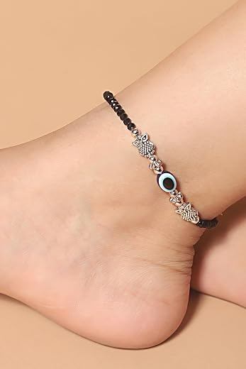 Jyokrish Metal Silver Owl with Glossy Black Beads Blue Evil eye Chain Anklet |For Women |Girls |Black Nazariya |pack of 1...