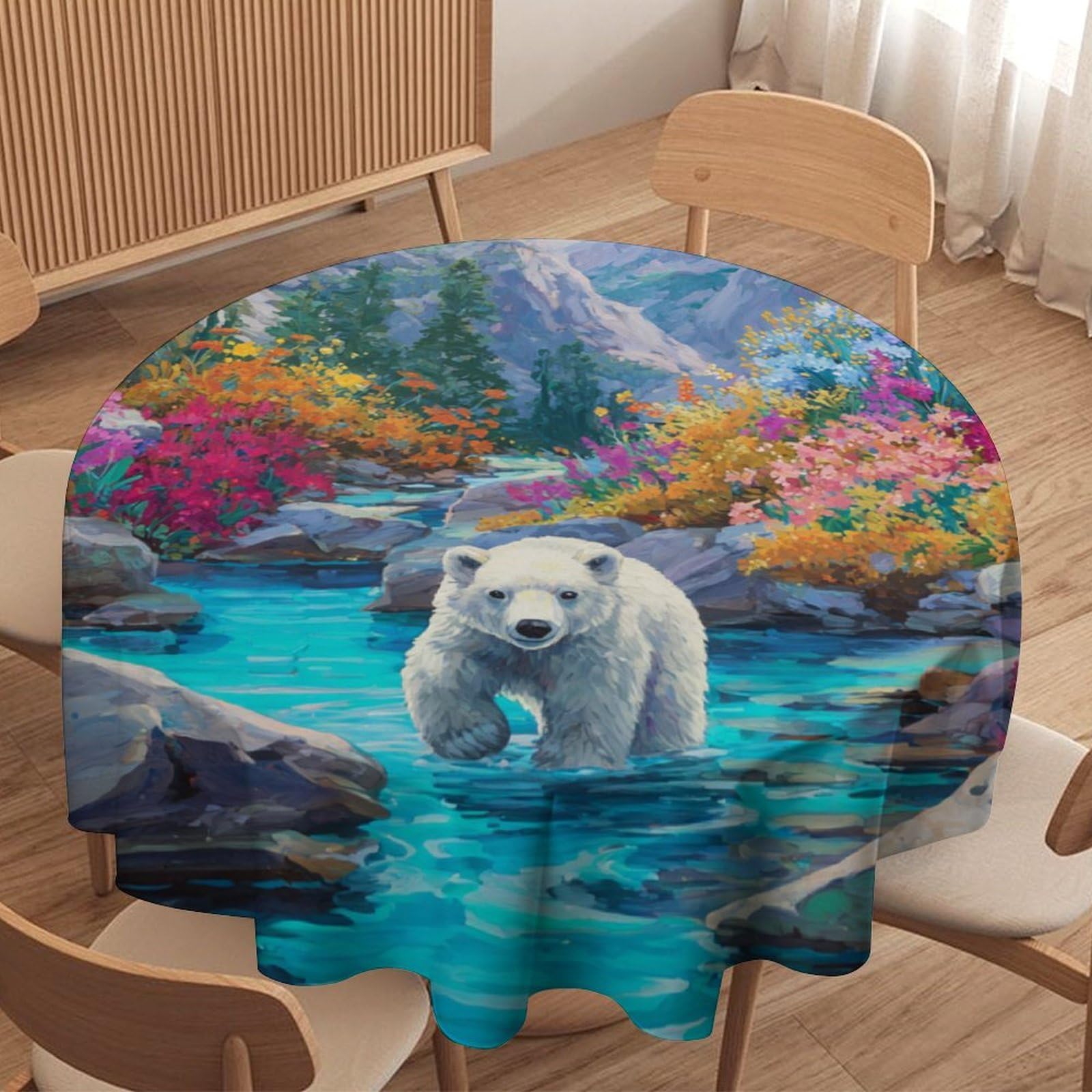 LUYYSKY Beautiful Colorful Polar Bears Waterproof Round Tablecloth Rustic Realistic Natural Flowers Animal Bears Print Washable Table Cover for Kitchen-177.8" Wx177.8 L cm