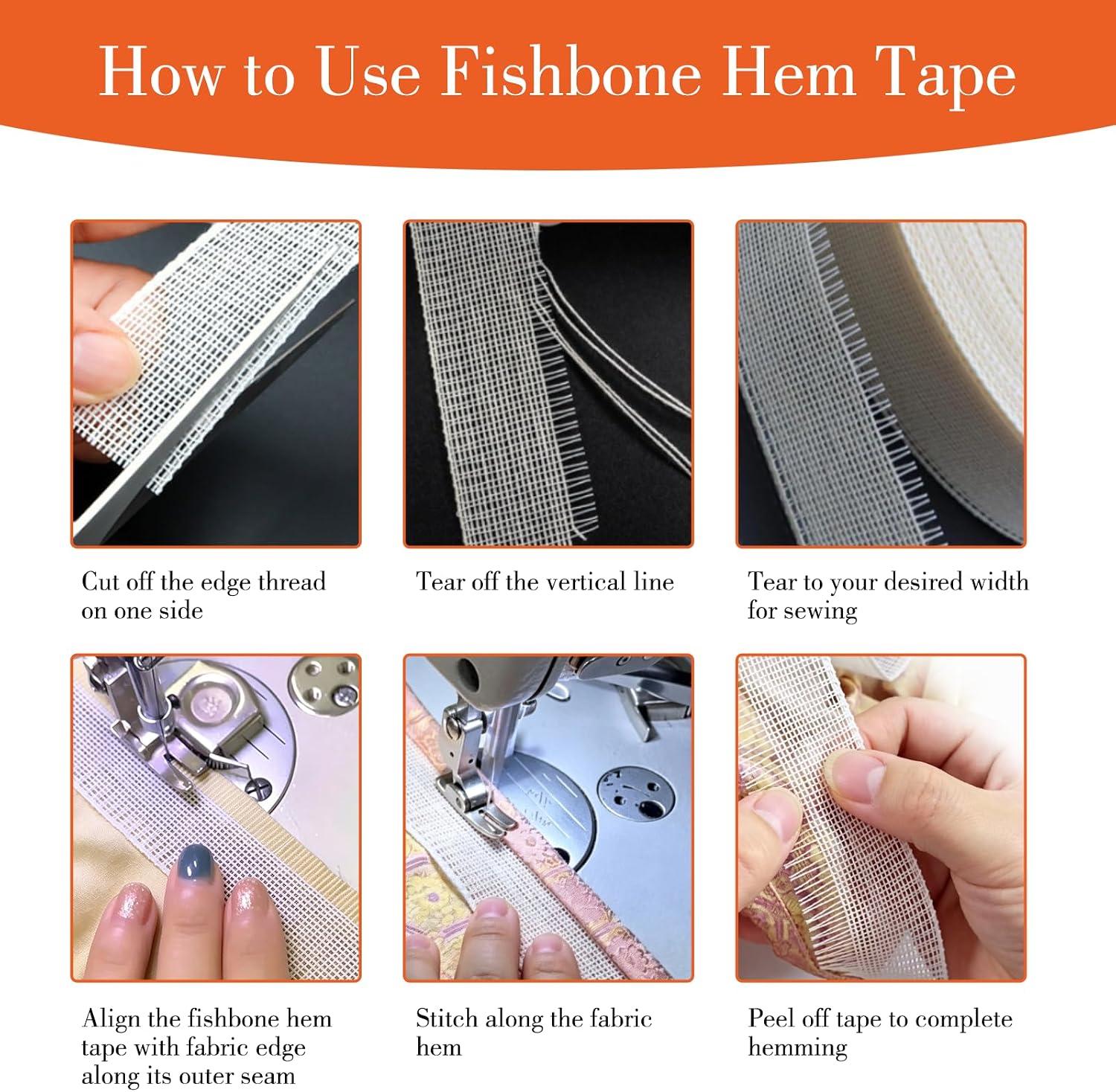 Fishbone Hem Tape, 1.38" Width, 12 Yards, for Narrow and Curved Hems