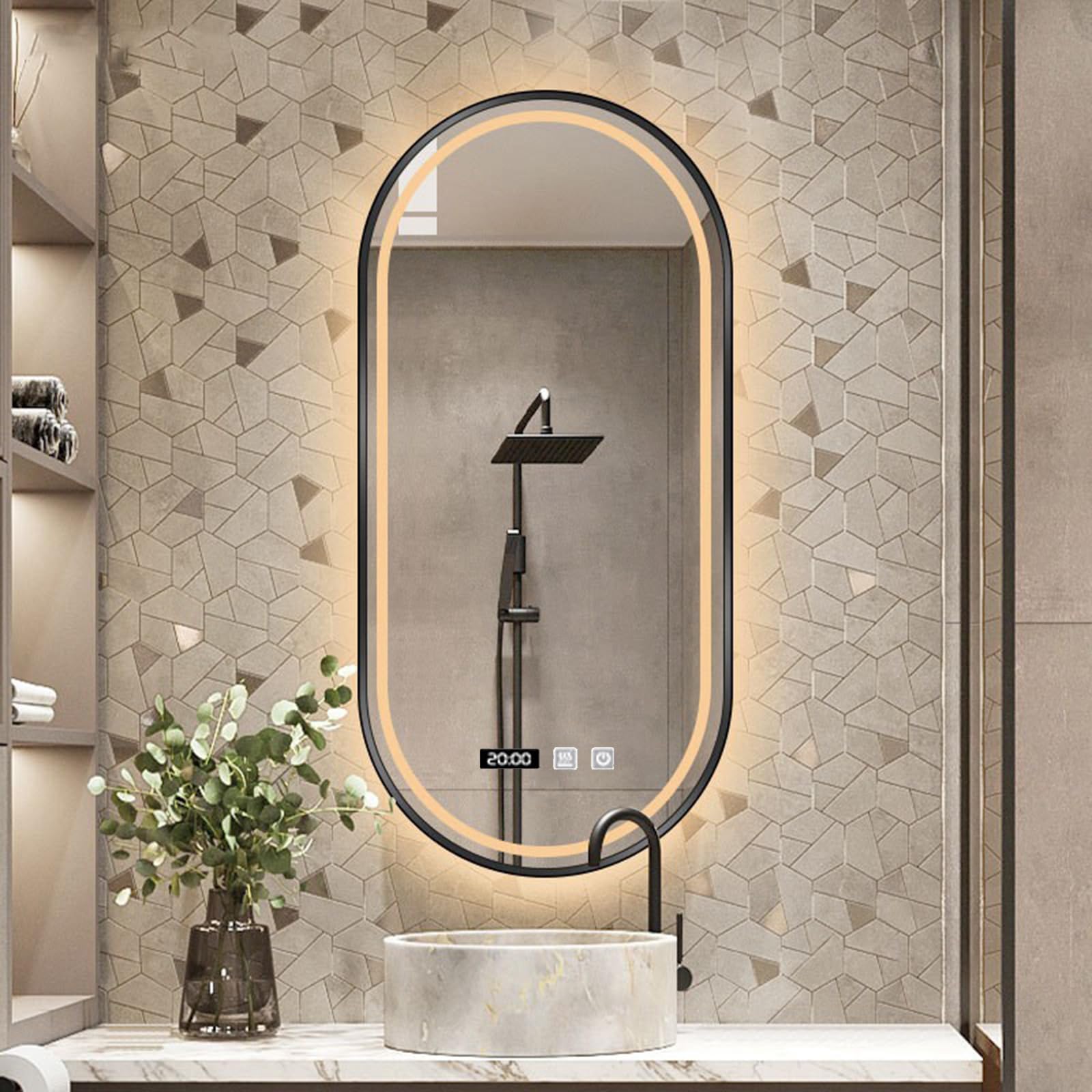 Miroir mural ovale à DEL 50x80 cm noir avec anti-buée et lumière réglable pour salle de bain