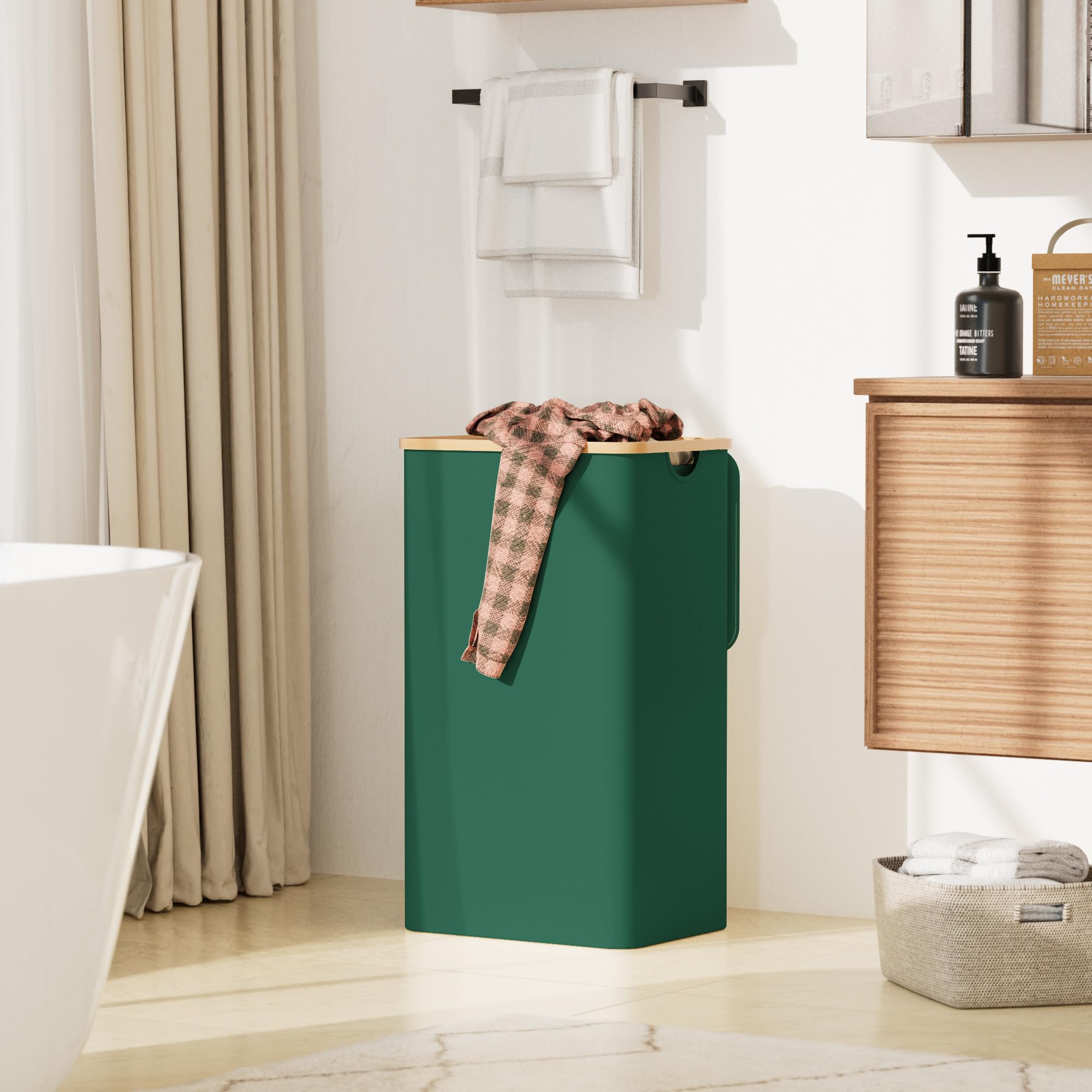 YOUDENOVA - Cesto portabiancheria con coperchio, 85 l, stretto, con sacco grande per la biancheria, pieghevole, in legno di bambù, bianco