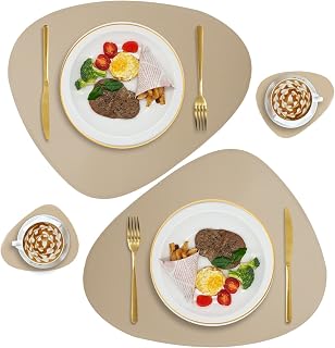 Faux Leather Placemats Set of 2 and Coasters, Heat Resistant Placemats for Dining Table, Waterproof Wipeable Washable Dinner Table Mats, Easy to Clean Kitchen Place Mats Romantic Golden