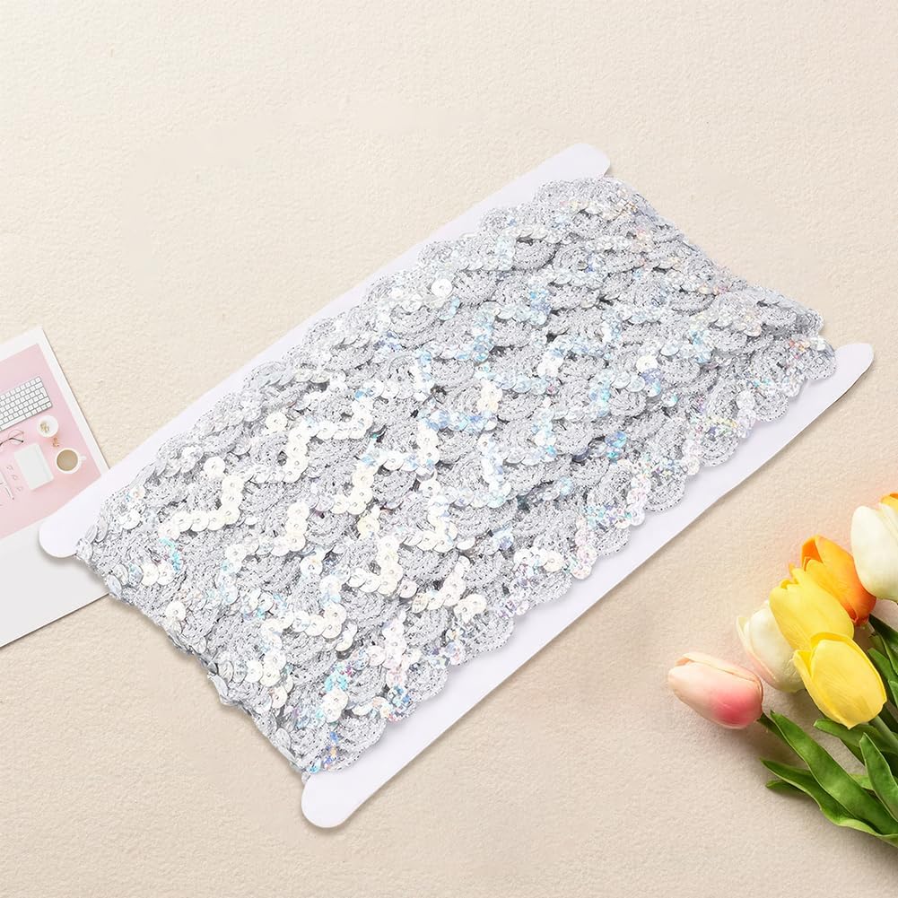 CRASPIRE 24 Yard Sequins Trim Ribbon Sequin White 0.67In Braid Woven Lace Beaded Wave Spangle Flat Glitter Paillette Fabric Metallic Rick Rack Strip for DIY Crafts Sewing Clothes Decor Gift Wrapping