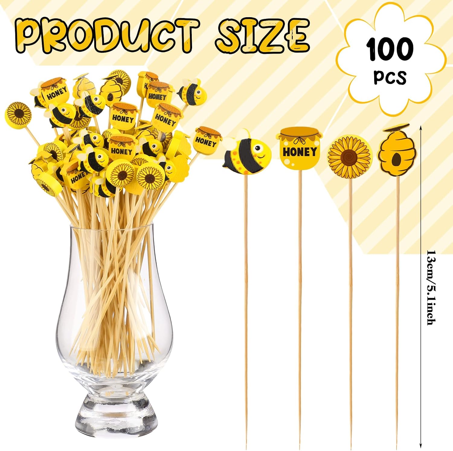 Zubebe Summer Bees Cocktail Picks Sunflower Bamboo Toothpicks, 100 Pcs