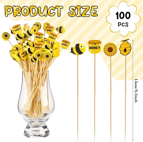 Miniatura 3 de Zubebe Palillos de cóctel de abejas de verano, palillos de bambú de girasol, palillos de dientes de cóctel de abejas para cupcakes, aperitivos de