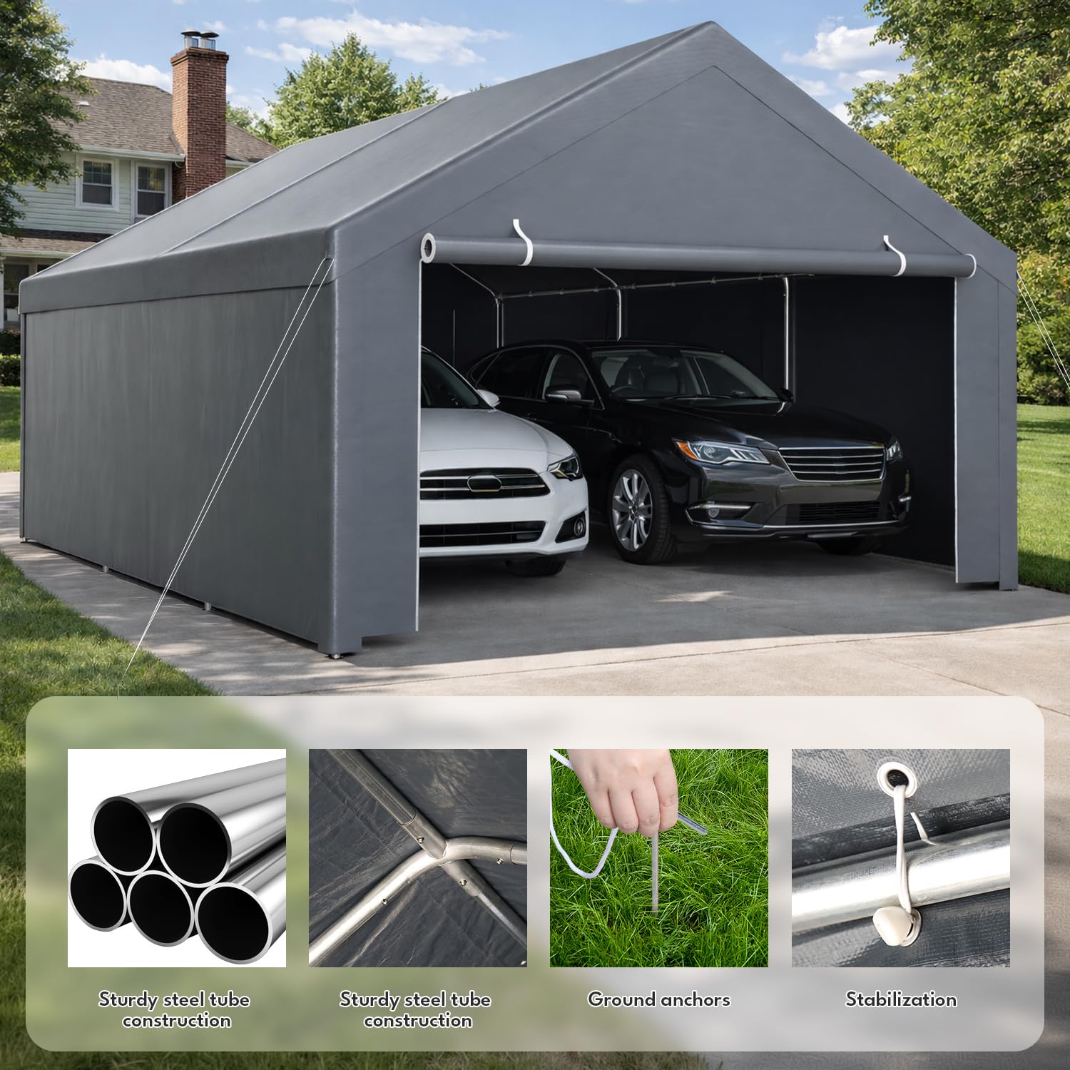 Grand Abri de Voiture 300x600x280 cm, Carport Tente de Garage avec Parois Latérales et Porte Enroulable, Résistante UV Imperméable, Garage Chapiteau pour Voiture, Camion, Bateau