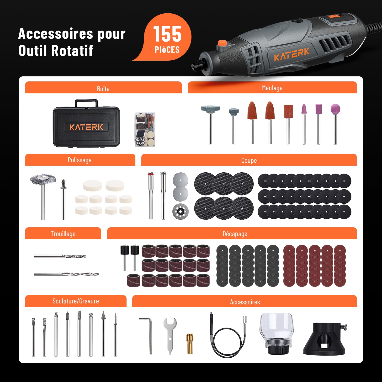 Katerk Outils Rotatifs Multifonction 160W, Outil Rotatif Multifonction avec 155 Accessoires, 6 Vitesses Réglables, 35000RPM Tours/min, Parfait Pour la Coupe, Le Ponçage de Détail