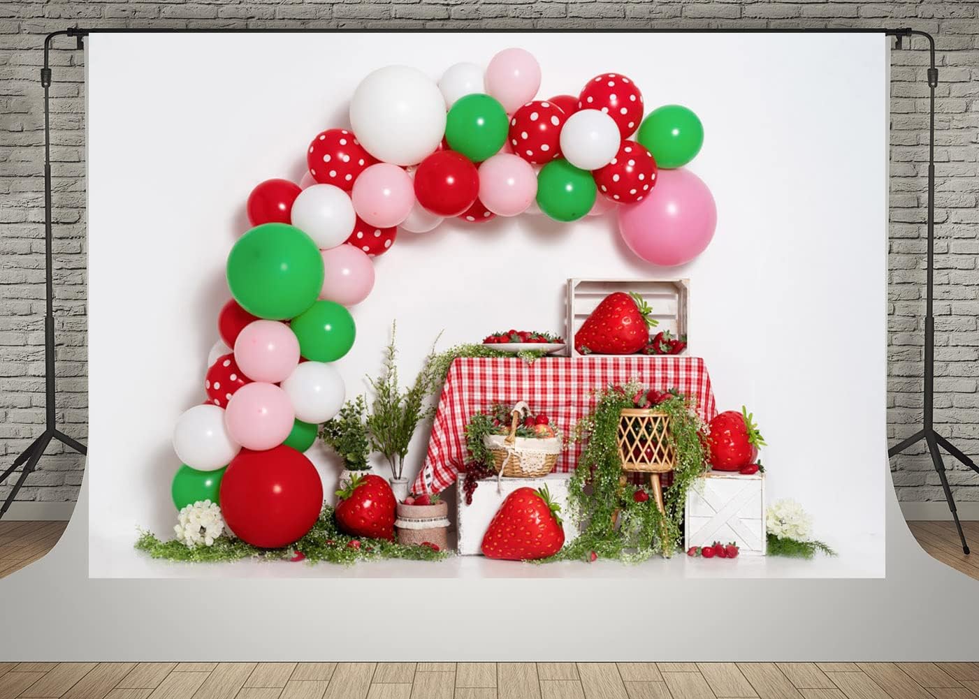 Kate 7x5ft Spring Fresh Strawberry Shop Photography Backdrops Colorful Balloons Door Decor Children Happy Birthday Party Photo Background Video