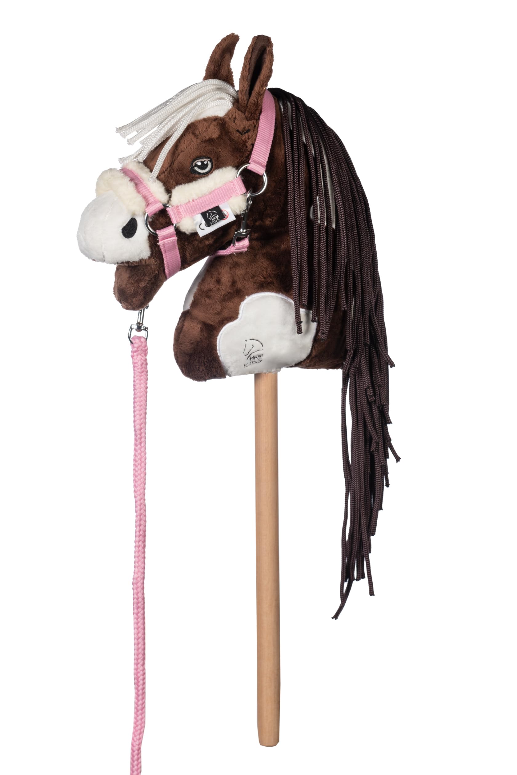 HKM Kids Hobby Horse, Schecke Braun-Weiß, mit Halfter und Führstrick in Rosa, Steckenpferd für Kinder, Pferde Spielzeug