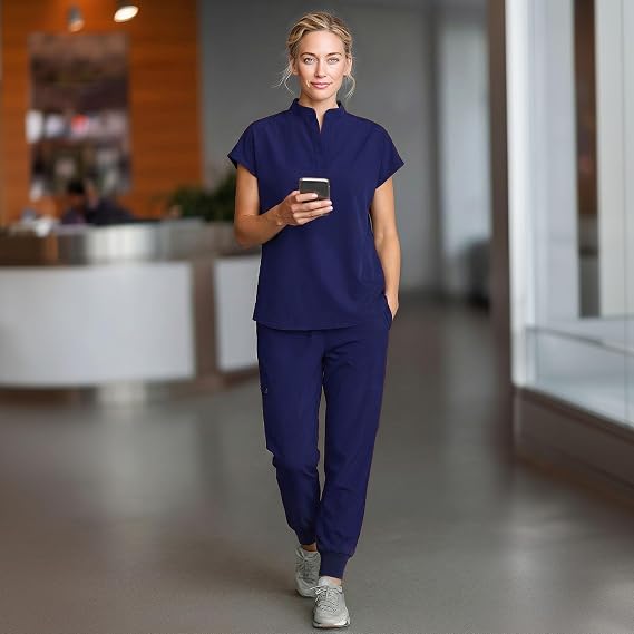 Scrubs for Women Set - Sleeveless Mandarin Collar Scrub Top & Jogger Pants with 7 Pockets for Nursing Medical Uniform
