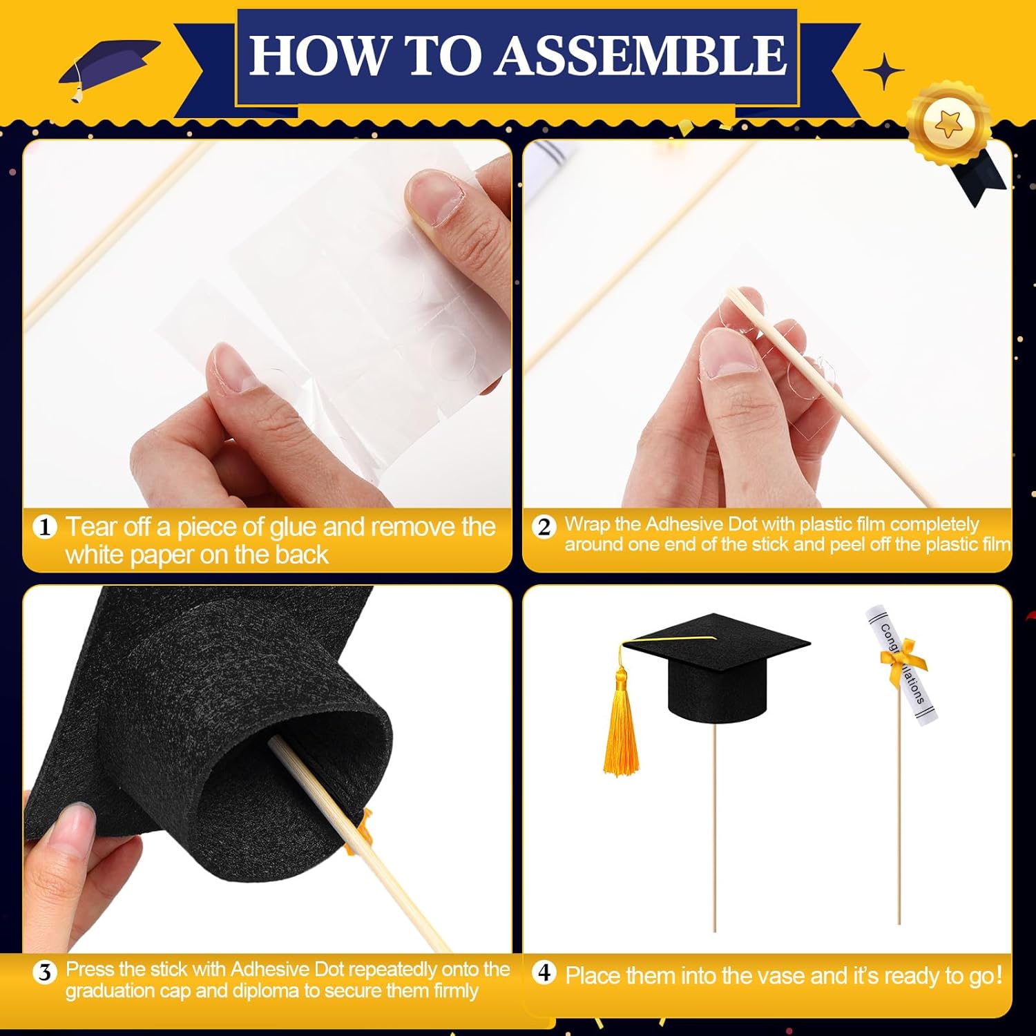 Breling 48 Pcs Black and Gold Graduation Centerpiece Sticks Felt Graduation Scroll Diploma and Grad Cap with Tassel Decor 2026 Table Toppers Centerpiece Party Supplies for Grad Party Decorations