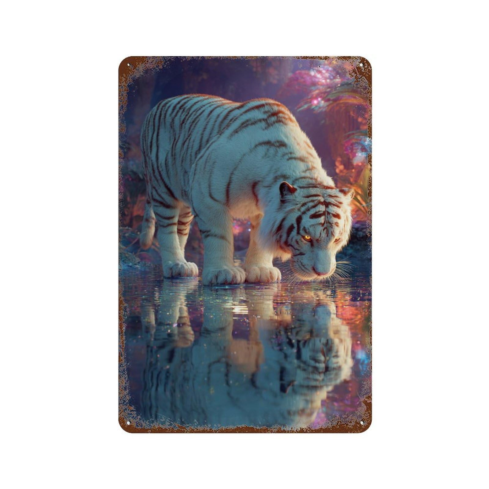 Distressed Metal Wall Sign White Tiger Reflection in Water 11.8"x7.9", Vintage Wall Decor for Garage, Bar And Workshop Decor