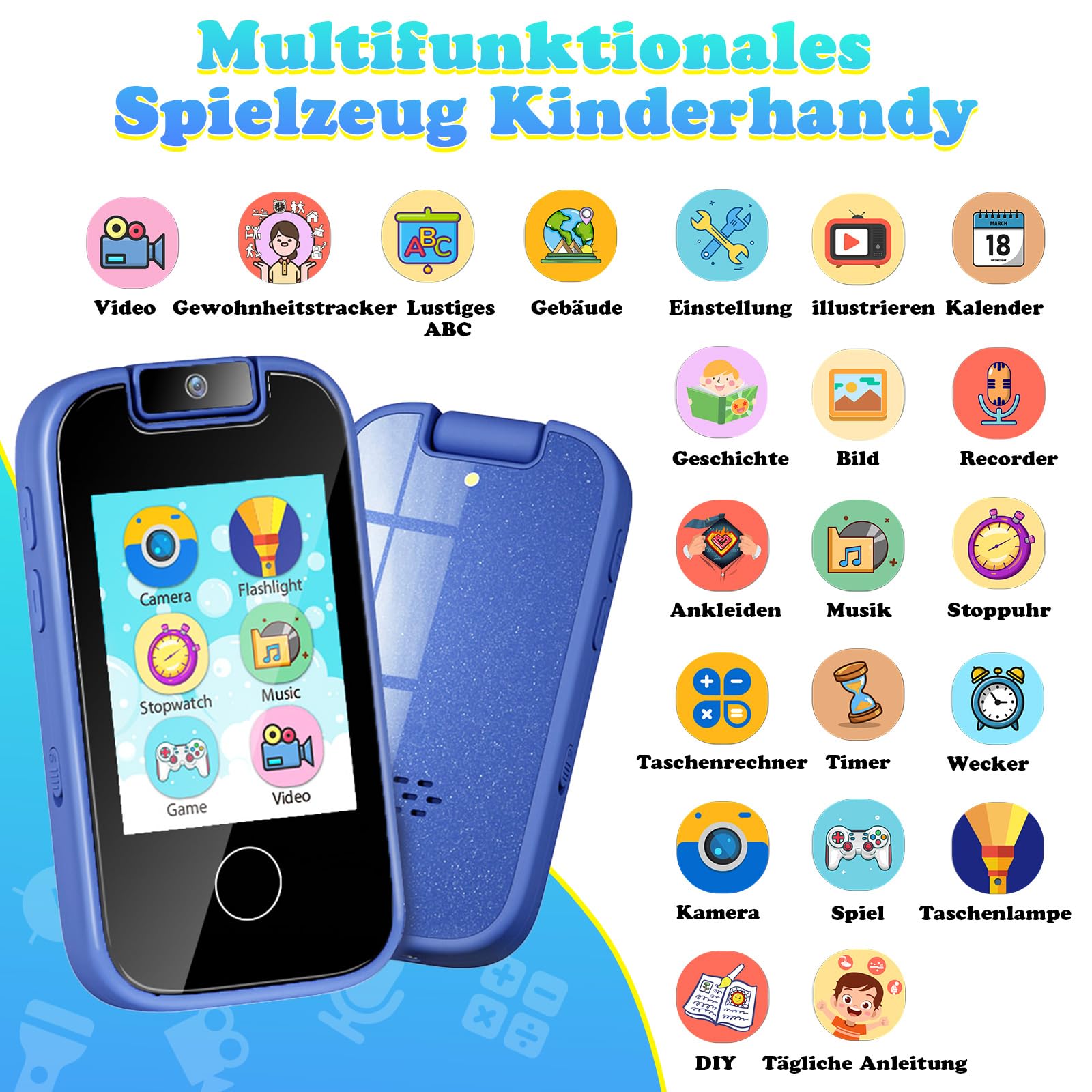 PTHTECHUS Telefono per Bambini, Fotocamera per ragazze, ragazzi Touch screen MP3 con fotocamera a flip, habit tracker, giochi, apprendimento educativo, regalo di compleanno per 3-12 (Blu)