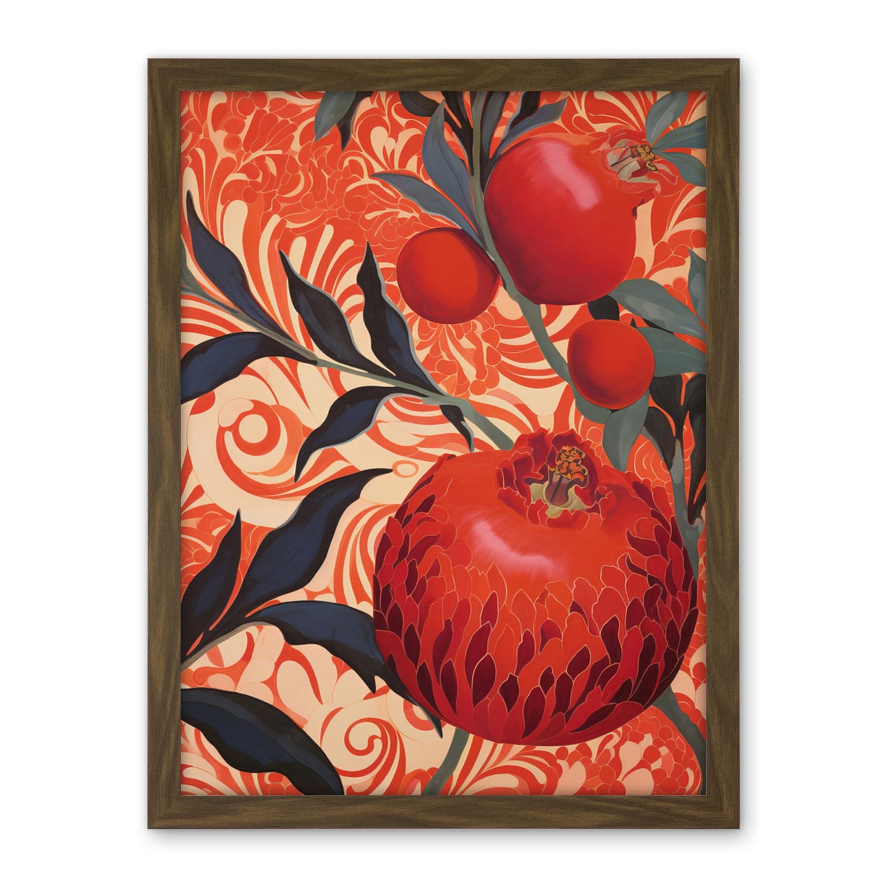 Artery8 Pomegranate Tree Grove Red and Blue Artwork Floral Patterns Artwork Framed Wall Art Print 18X24 Inch