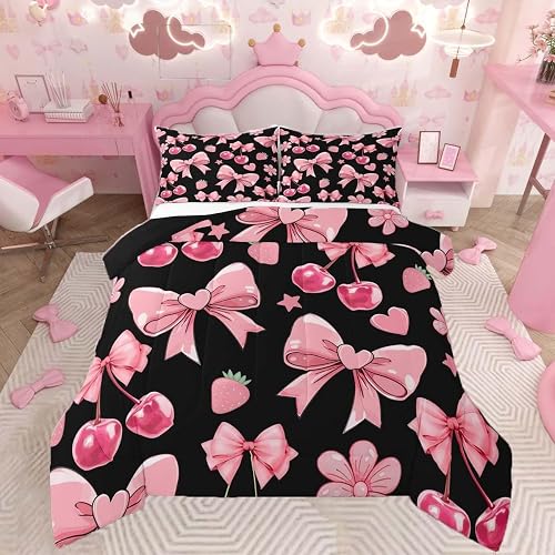 jejeloiu Pink Black Bow Comforter Set Twin Size Bedding Set 