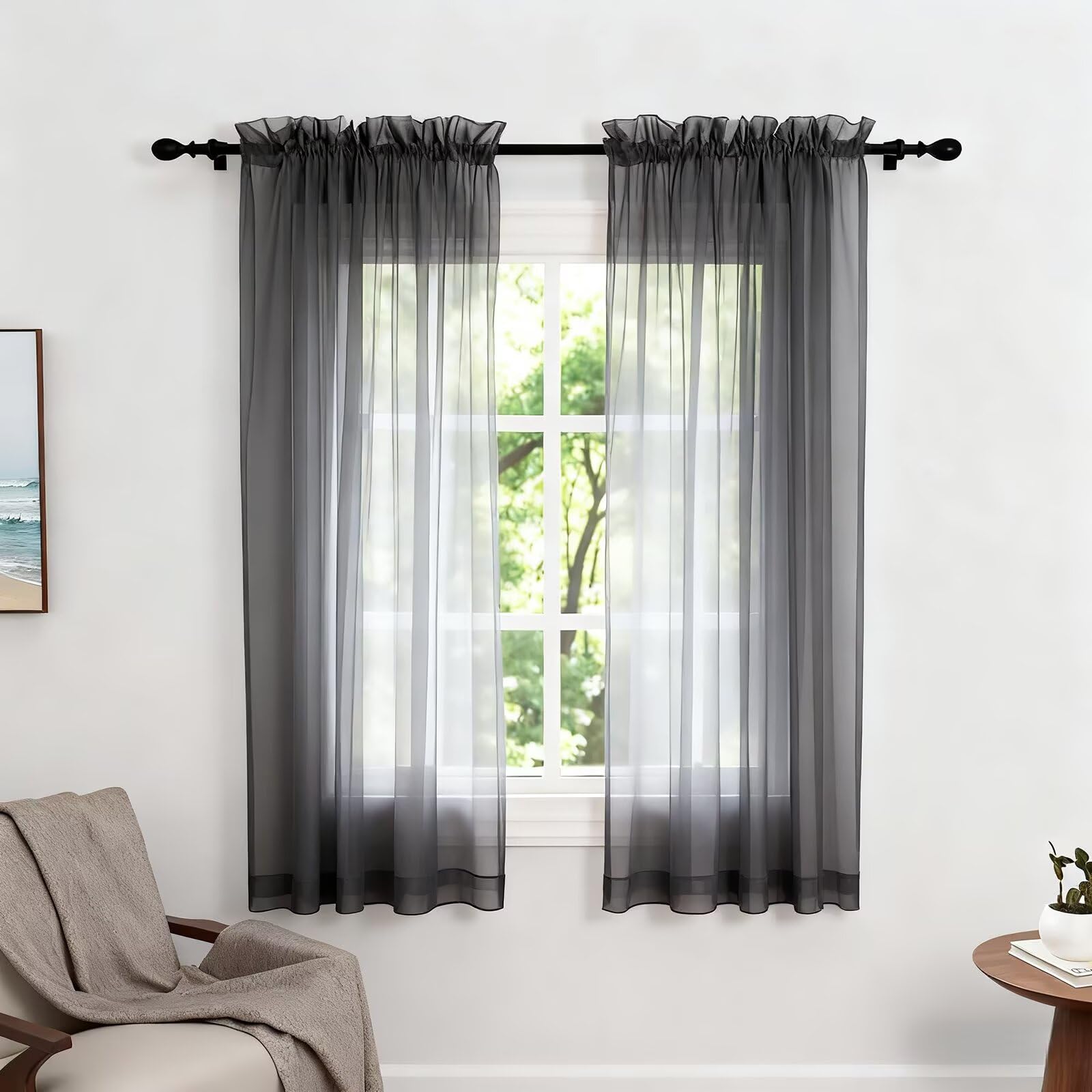 Zdada Darkgray Net Curtains For Windows 54 Drop, Slot Top Voile Curtains, Semi Transparent Sheer Curtain Net Curtain Panel For Living Room Kitcken W60xl54 Inch,4 Panels