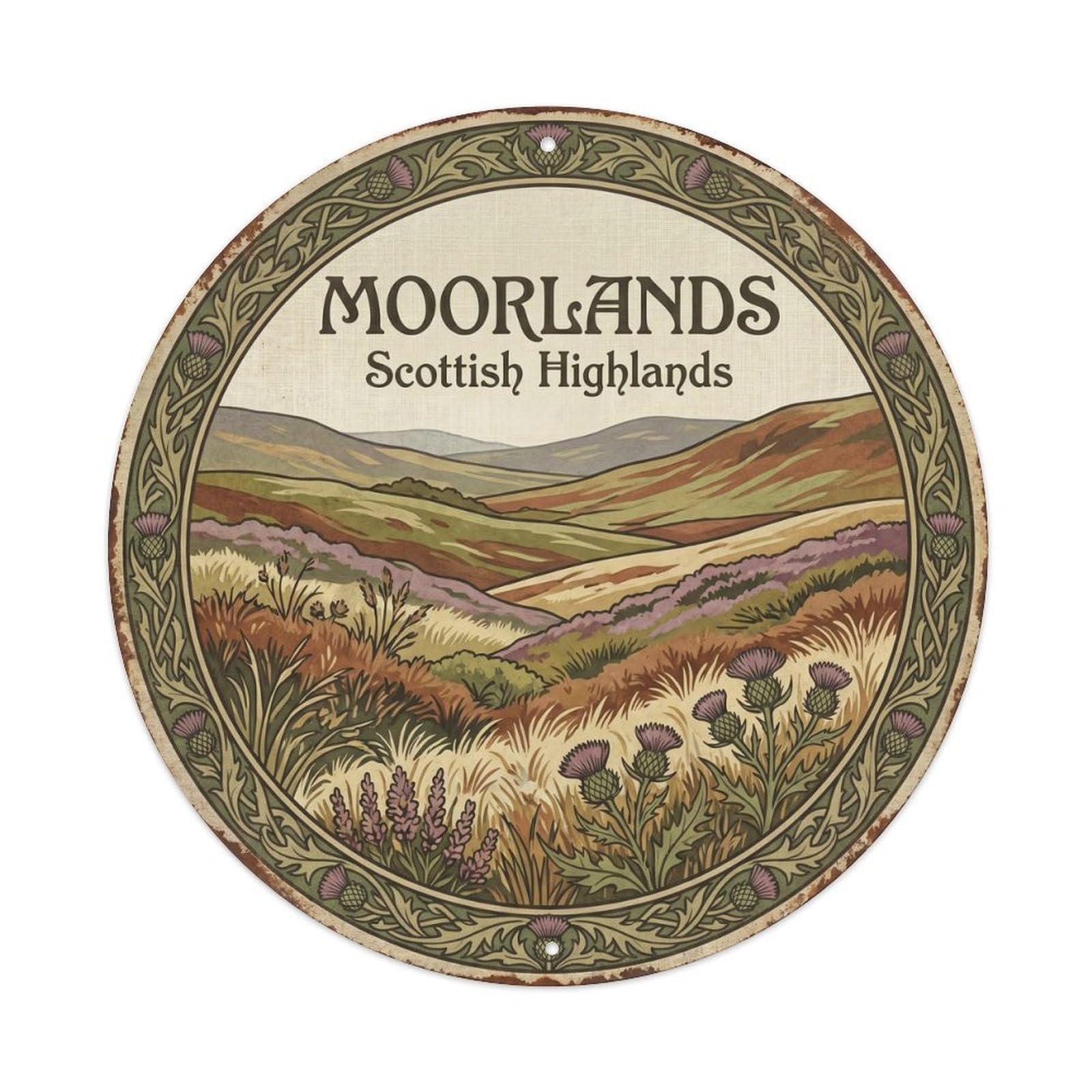 Vintage Travel Scottish Moorland Wilderness Metal Tin Sign Plaque Wall Decor for Cafe, Club, Garden Round Metal Poster 8x8Inch