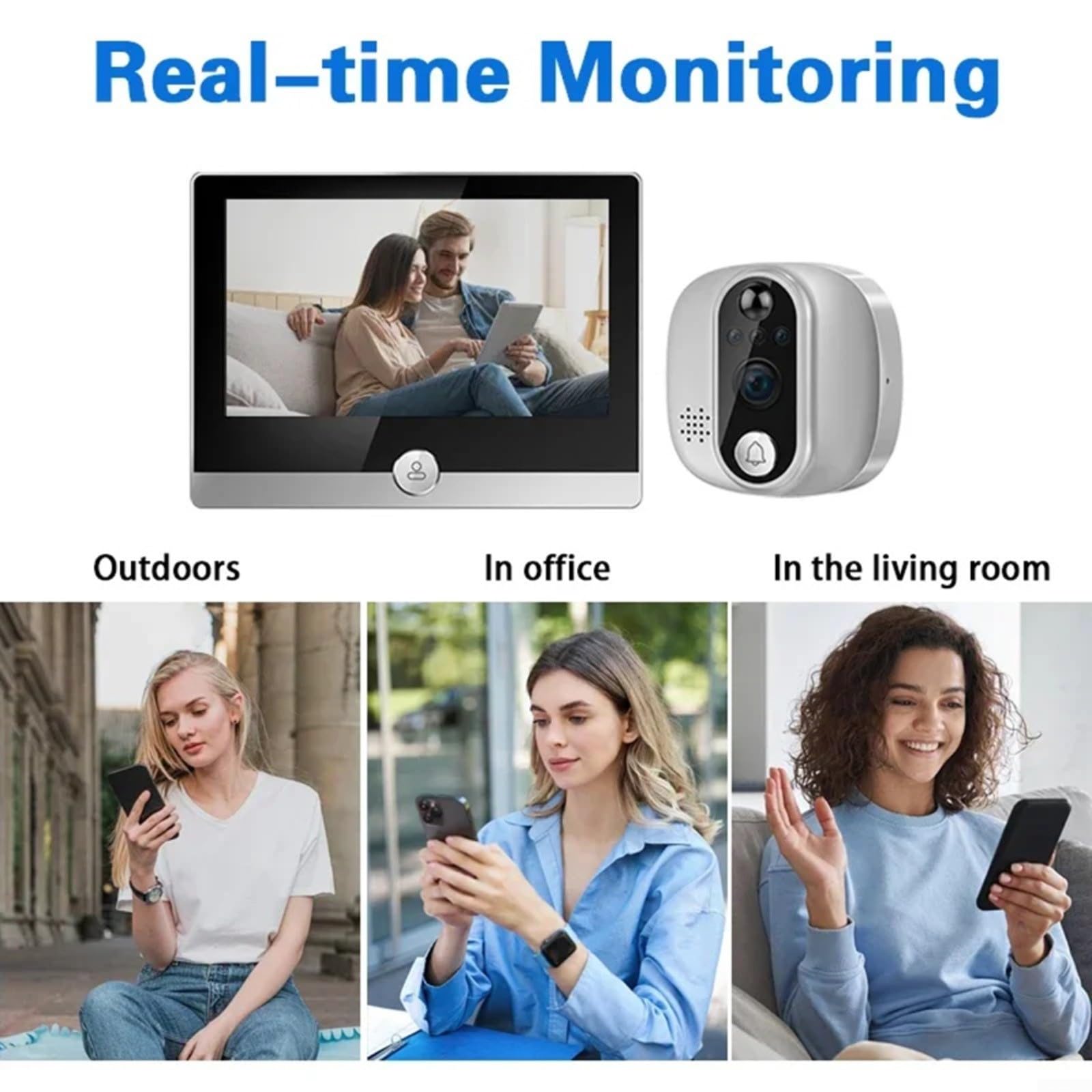 Judas de porte numérique 1080p WLAN avec écran de 4,3" PIR Détection de mouvement pour Alexa Compatible Smart Home Security Gris pour appartement maison