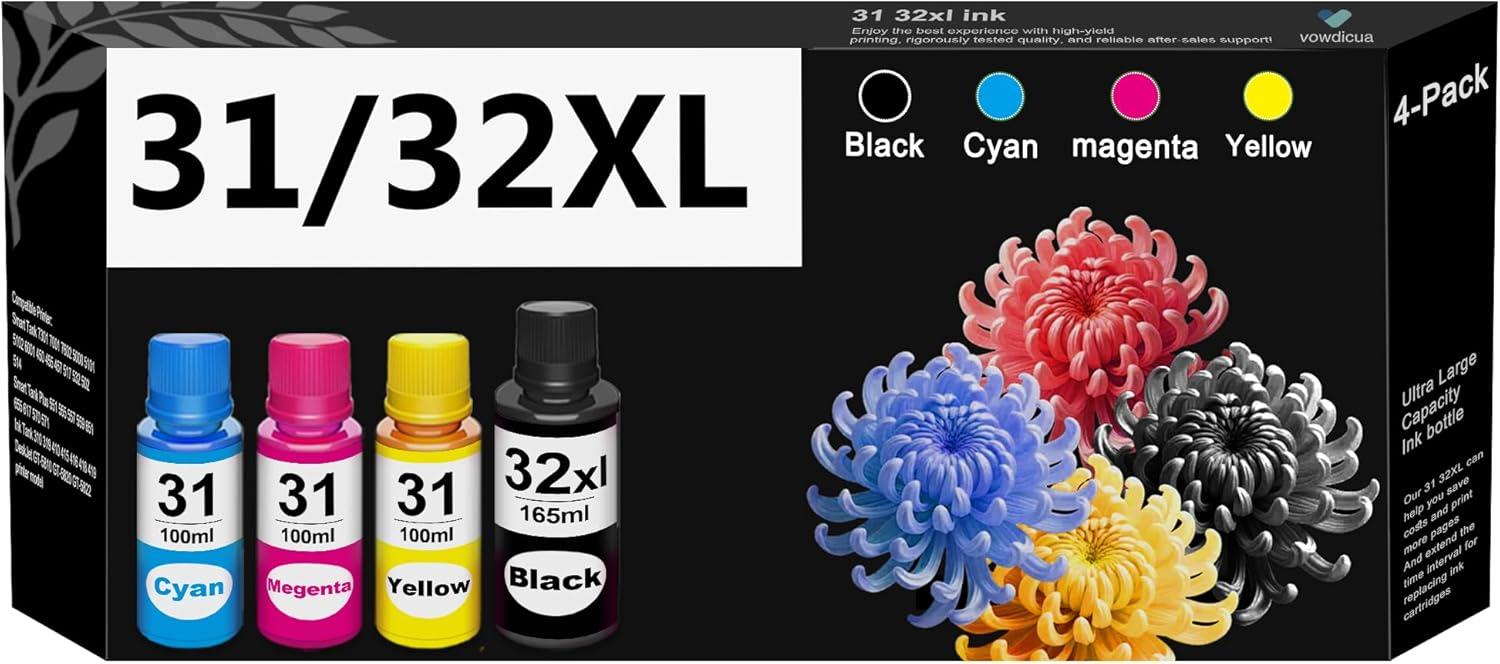 31 32XL Black Ink Bottle Set Compatible 31 32XL High Yield Ink Bottle Replacement for HP 31 32 XL with Smart Tank 5101 5000 5102 7301 7001 5103 Plus 651 551 570 455 450 Printer (4 Pack B/C/M/Y)