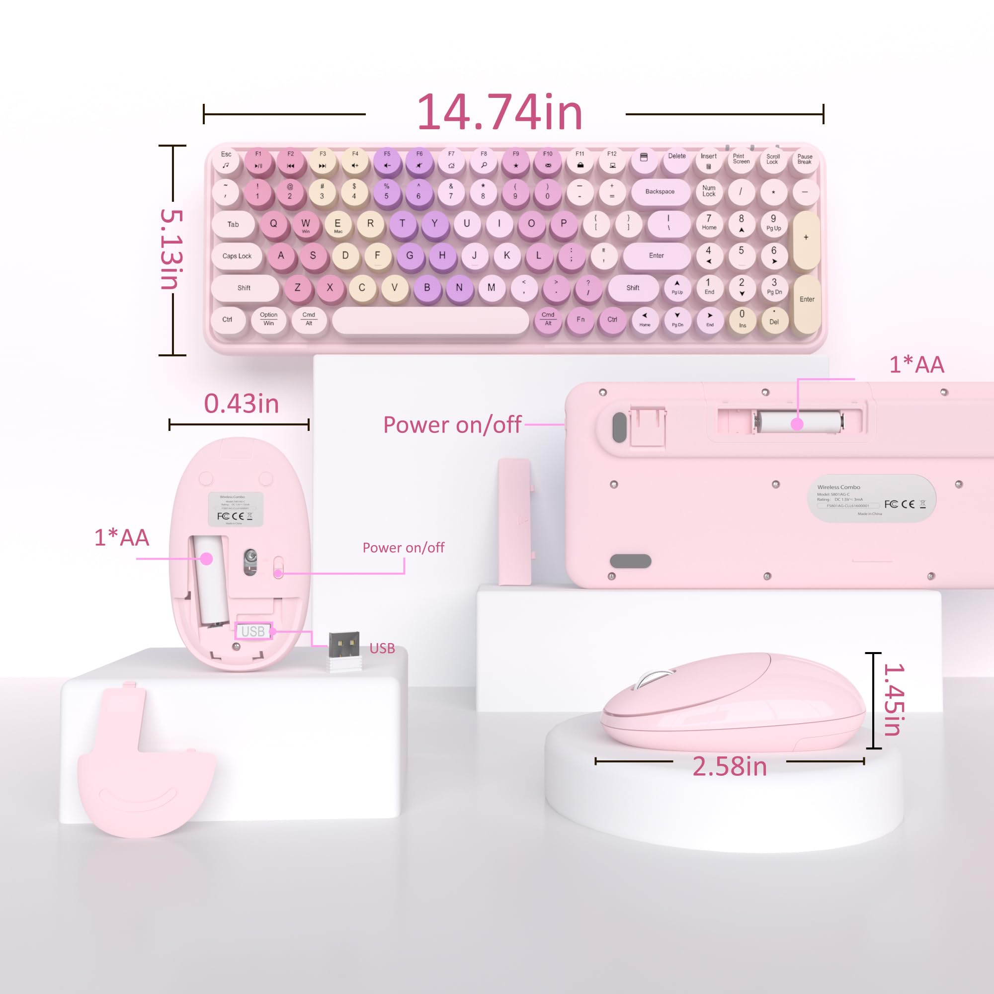 Links9+ Bezprzewodowa klawiatura z myszką kombinowaną, retro różowa klawiatura z okrągłymi nasadkami i myszą optyczną, 2,4 GHz Plug and Play połączenie do Windows, Mac, laptopa, komputera