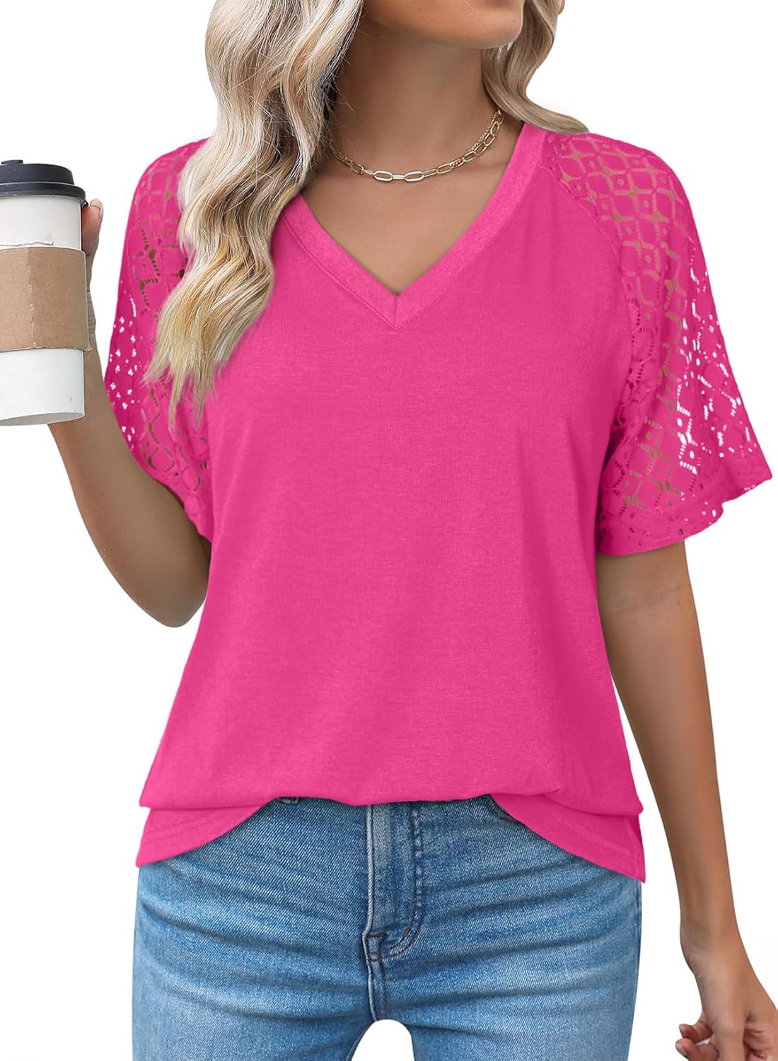 Dokotoo Women's V Neck Lace Short Sleeve Tops Casual Raglan T Shirts Summer Tunic Blouses