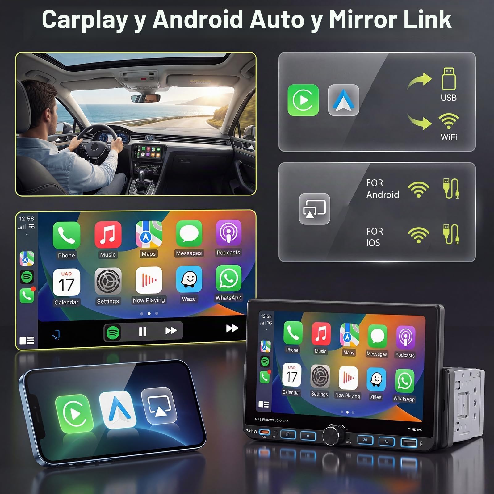 Hodozzy RDS Radio Coche 1 DIN con CarPlay inalámbrico Android Auto, IPS Pantalla de 7 Pulgadas con USB Type-C, Compatible con Bluetooth 5.2, EQ, Controles del Volante, Cámara de Visión Trasera