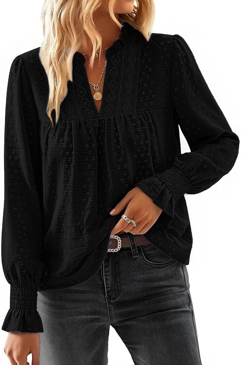 (-49%) Fashora Langarmshirt Damen V Ausschnitt Bluse Damen, Schwarz, XXL