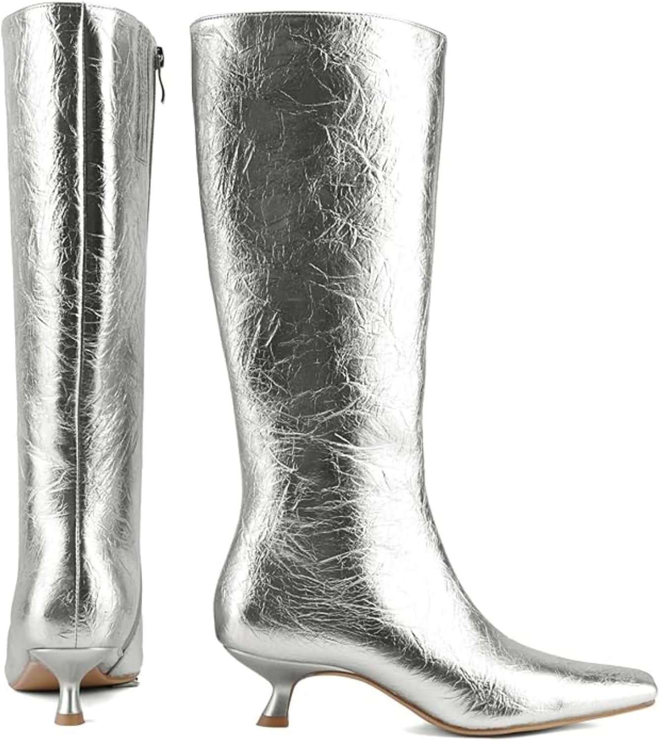 Women's Knee High Boots with Square Toe Low Kitten Heel, Tall Faux Leather Boots with Side Zipper, Fashion Knee Boots for Party, Daily Wear and Fall Outfits