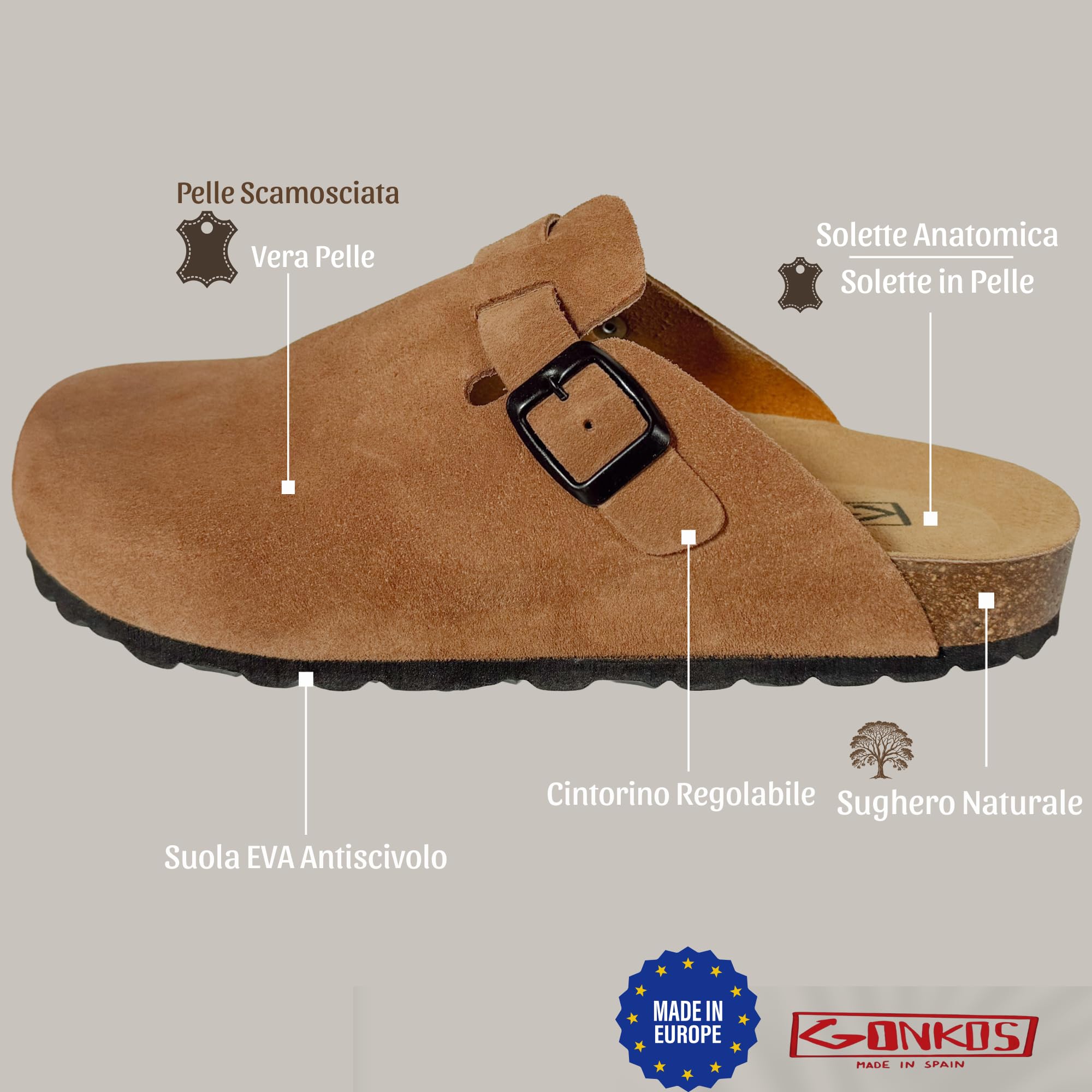 Zoccoli in Pelle con Sottopiede in Sughero, Vera Pelle, Sughero Naturale, Fibbia Regolabile al Piede, Sabot Uomo/Donna, Suola Antiscivolo in Eva, Sandali di qualità Made in Spain