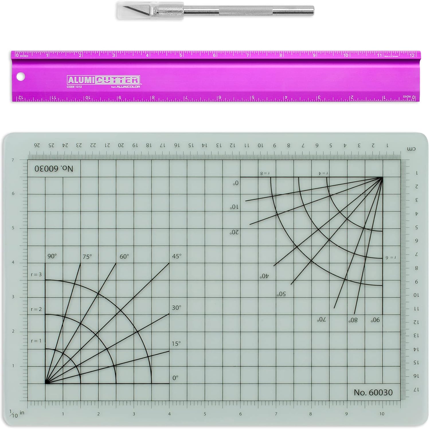 Alumicolor Cut-and-Measure Set w/Hobby Blade, Self-Healing Mat & AlumiCutter Ruler, 12IN, Purple